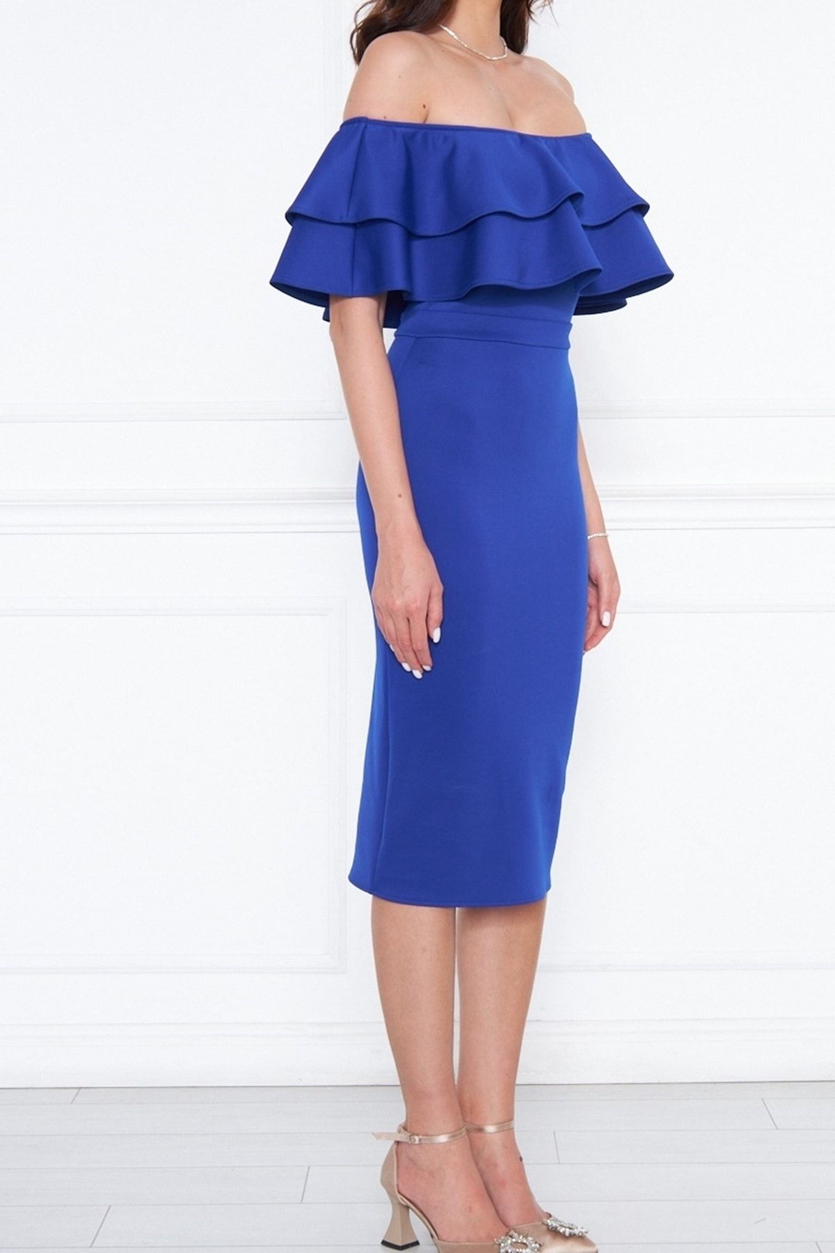 lovebox-Saks Blue Flexibilní potápěčská tkanina Midi Pencil Dress with Flounce Detailní Design límečku 164 4