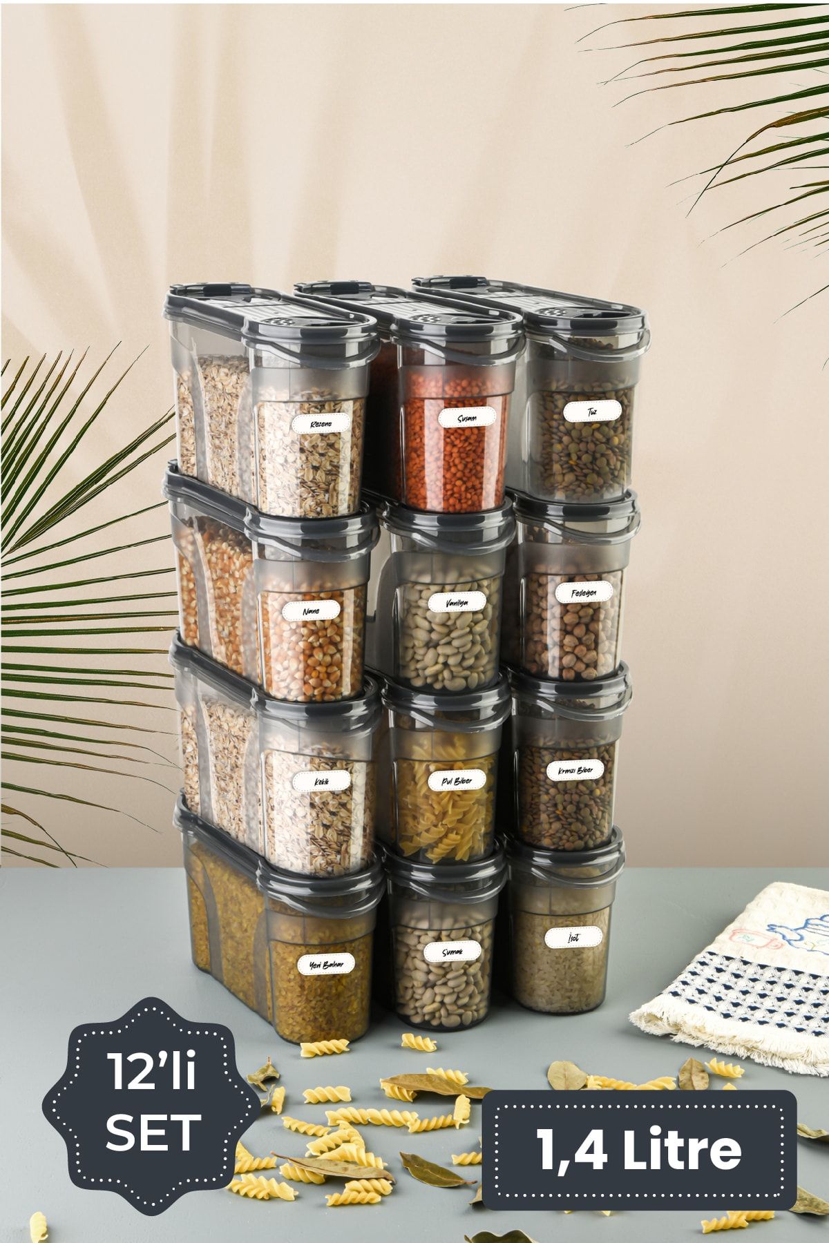 Vienev-Set of 12 Spice Containers with Labels 1400 ml Anthracite 1