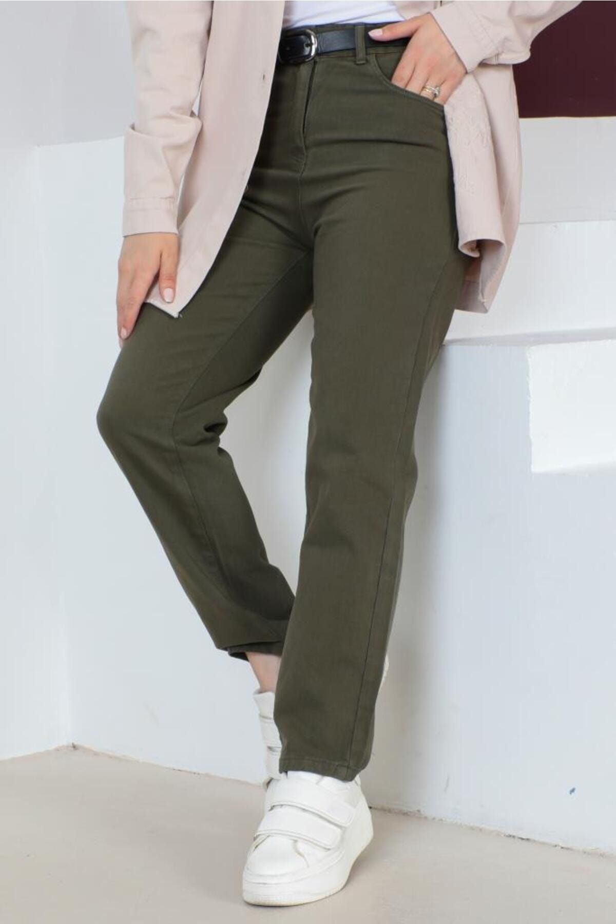 Khaki hot sale belted trousers