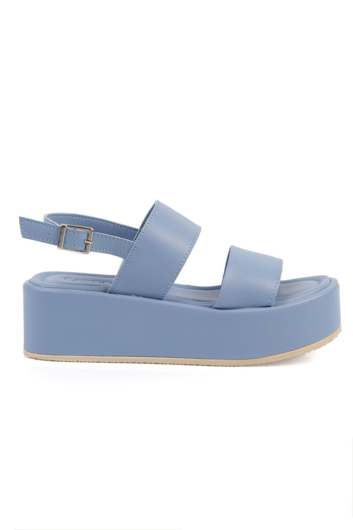 صندل آبی زنانه Capone ضخیم دو باند پرکننده شلوار جین Flatform Sandals Capone Outfitters