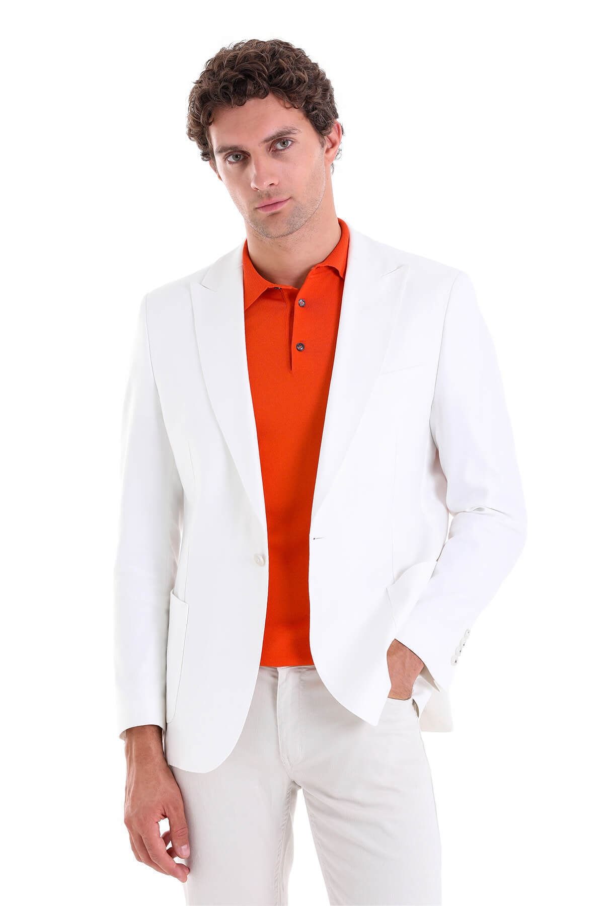 کاپشن کتان گاه به گاه یقه تک یقه ساده سفید Comfort Fit Hatemoğlu