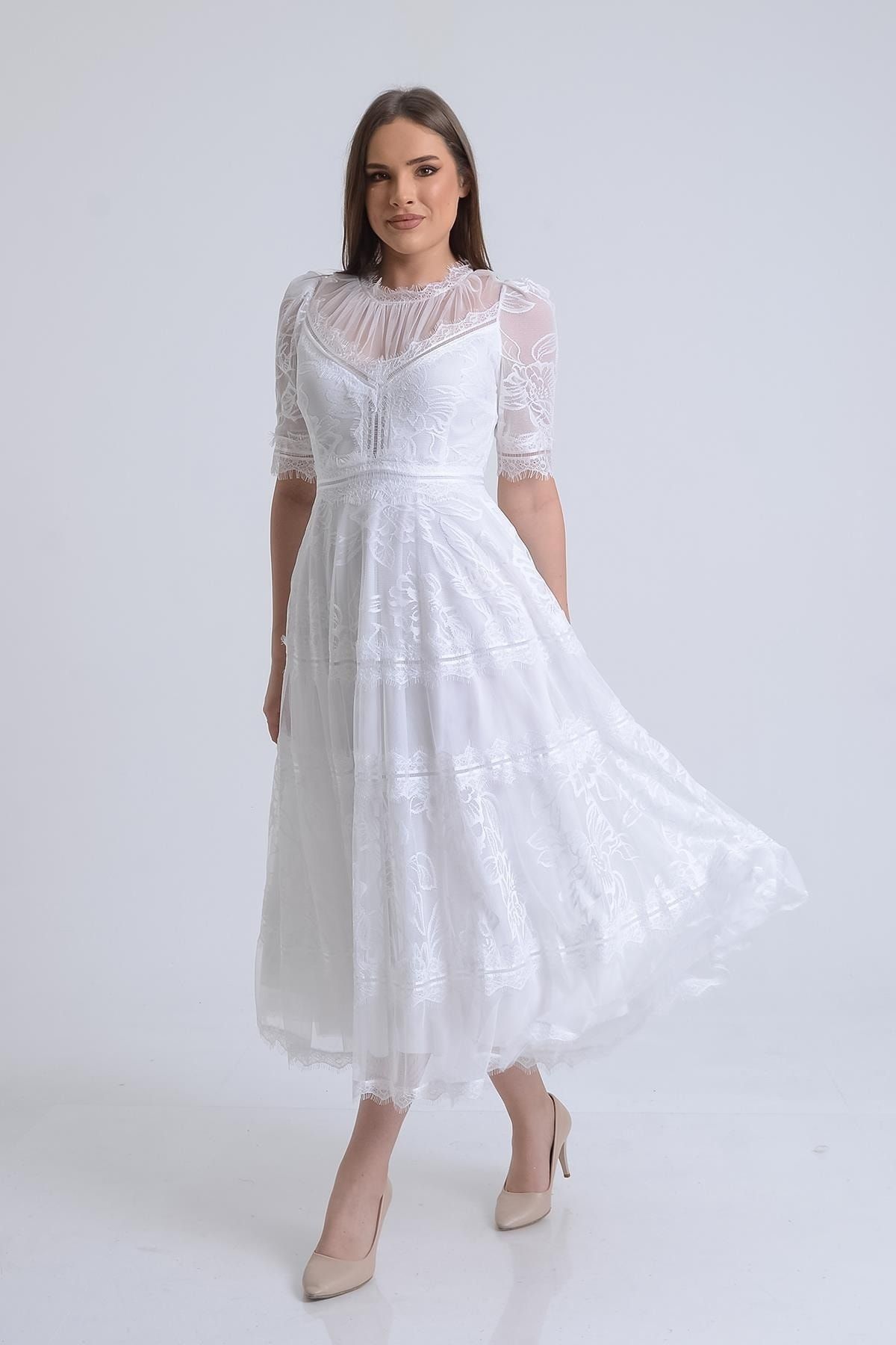SpringStore-White Short Sleeve Lace Evening Dress 2