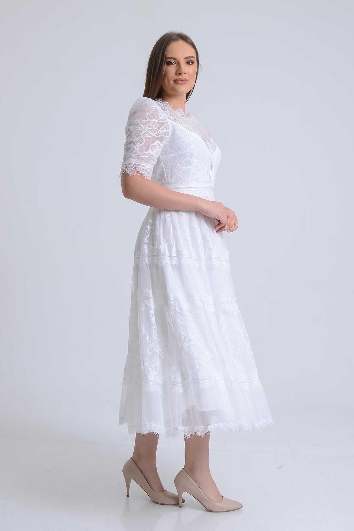 SpringStore-White Short Sleeve Lace Evening Dress 3