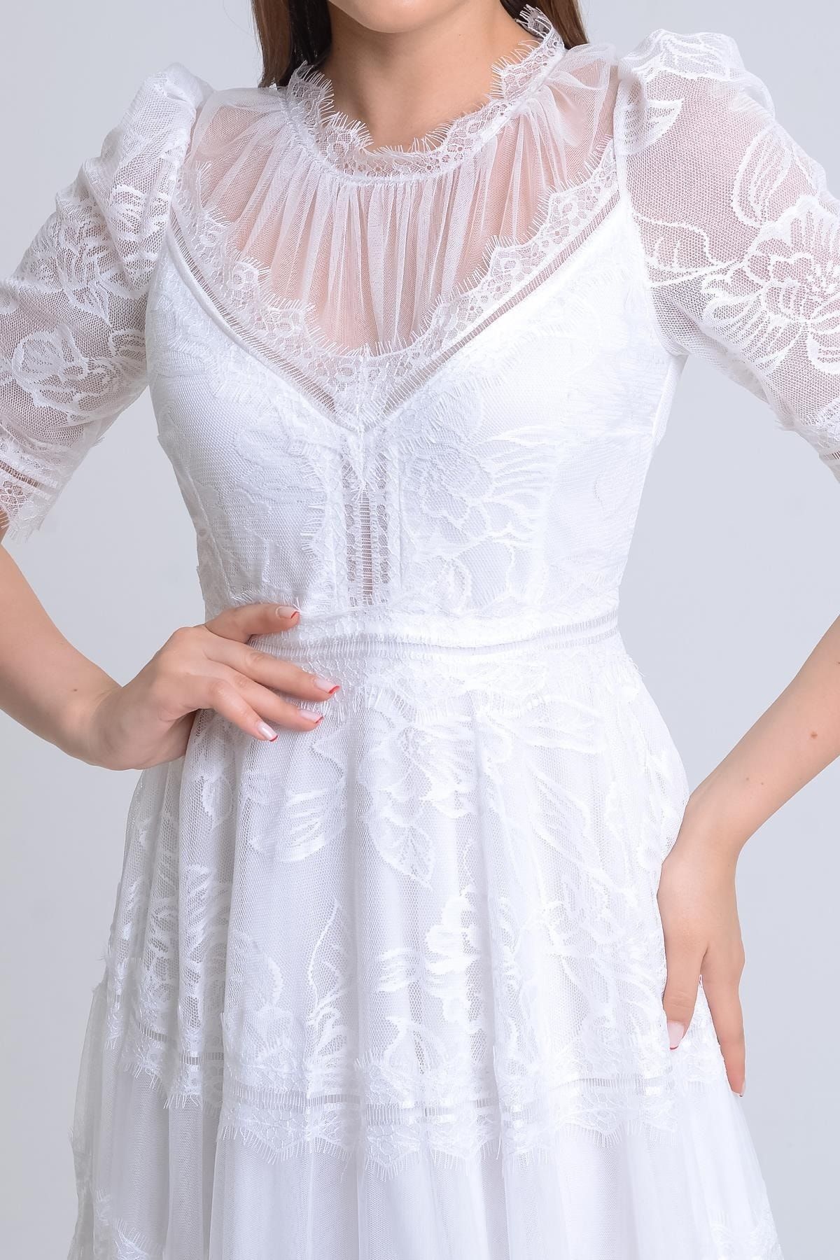 SpringStore-White Short Sleeve Lace Evening Dress 5