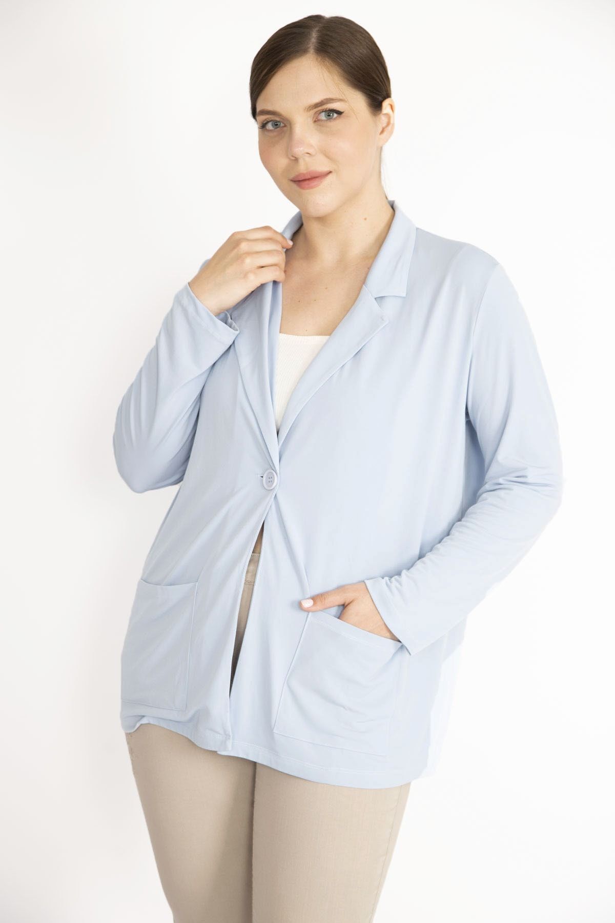 Şans Tekstil-Blauer Damen-Cardigan mit einem Knopf und ungefütterten Taschen, 26a36429 1