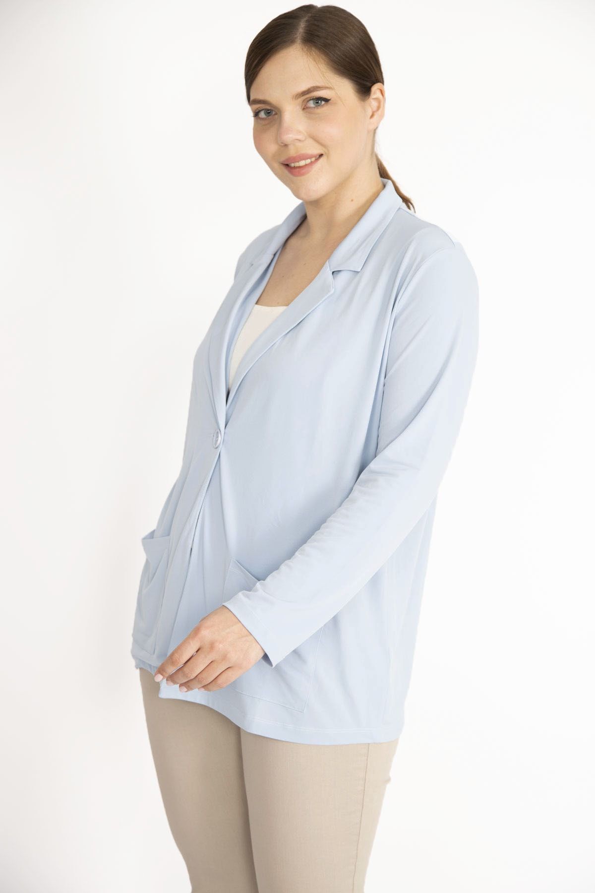 Şans Tekstil-Blauer Damen-Cardigan mit einem Knopf und ungefütterten Taschen, 26a36429 3