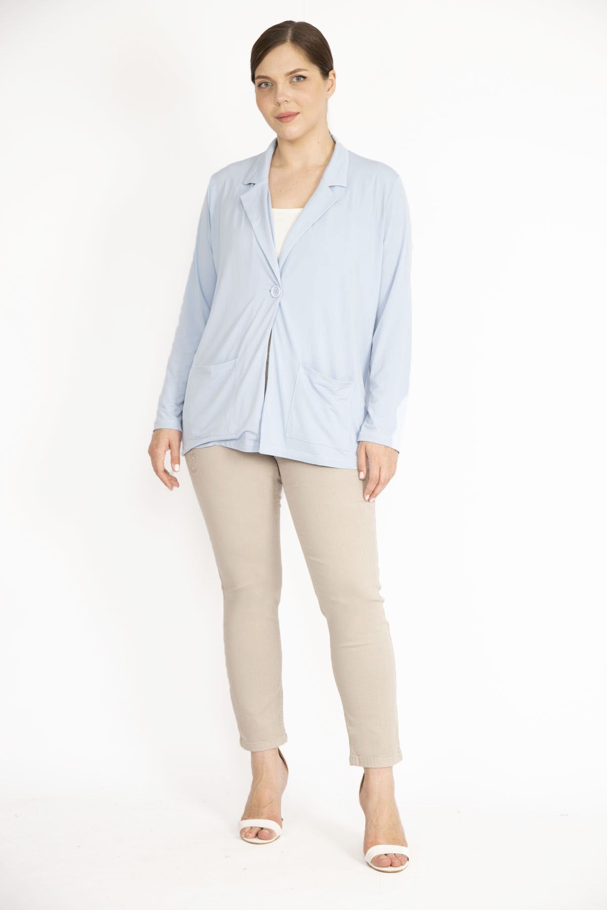 Şans Tekstil-Blauer Damen-Cardigan mit einem Knopf und ungefütterten Taschen, 26a36429 6