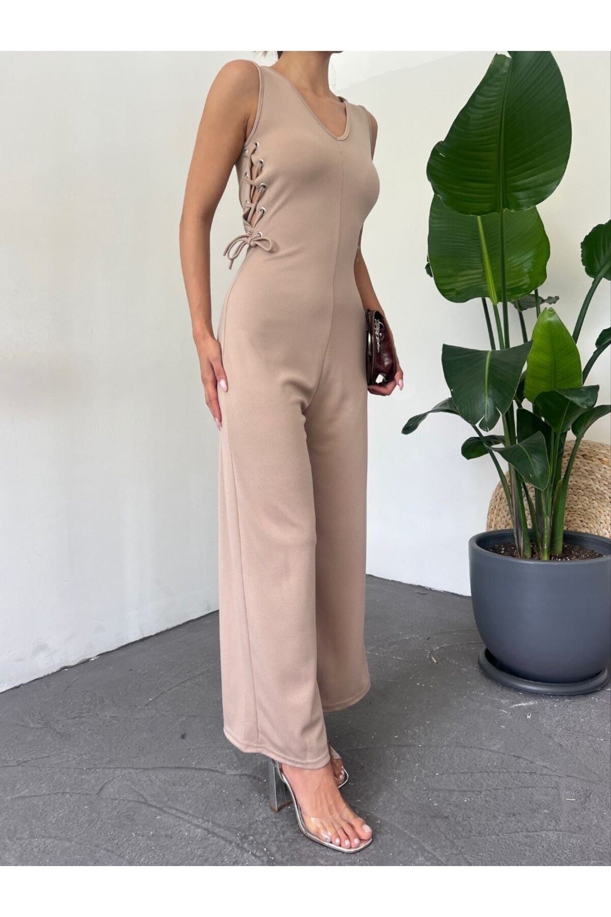 Beige wide sales leg jumpsuit