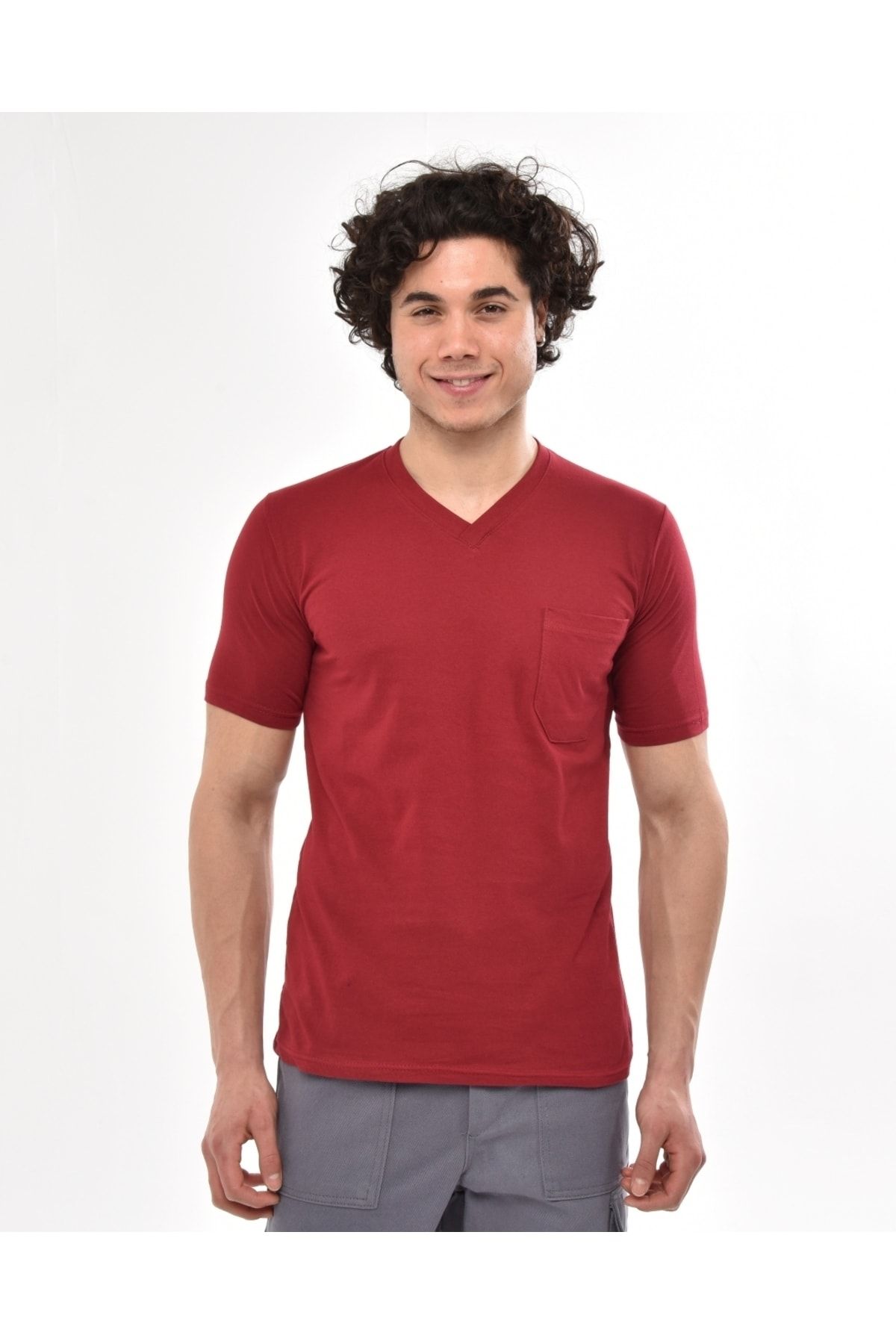 Çamdalı İş Elbiseleri-V-Neck Claret Red Short Sleeve Single Jersey Work T-Shirt - V-Neck T-shirt 1