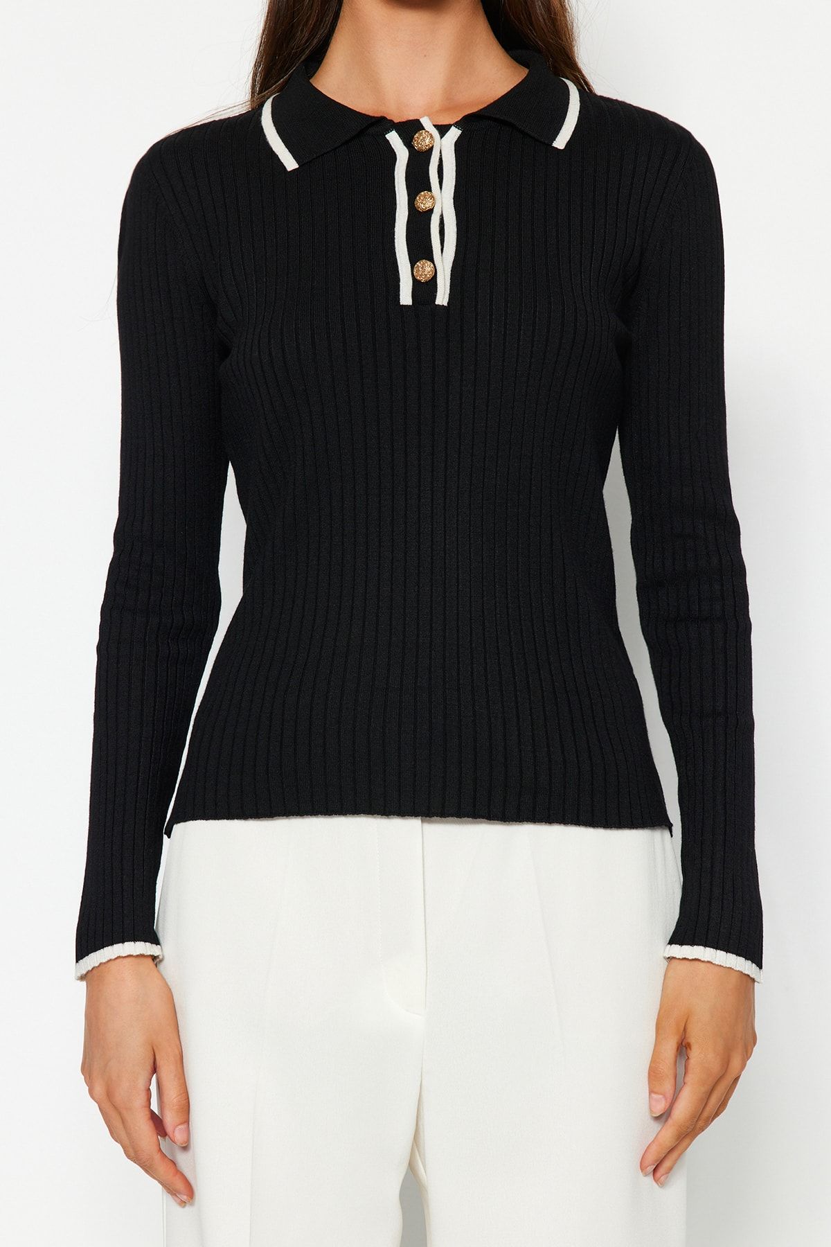 Trendyol Collection-Černý mercerizovaný vzhled Premium/Special Yarn Polo límec Pletený svetr TWOAW24KZ00808 3