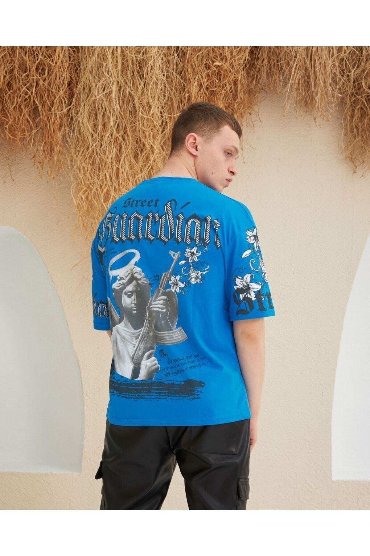Melek-Keleş Baskılı Oversize Mavi T-shirt