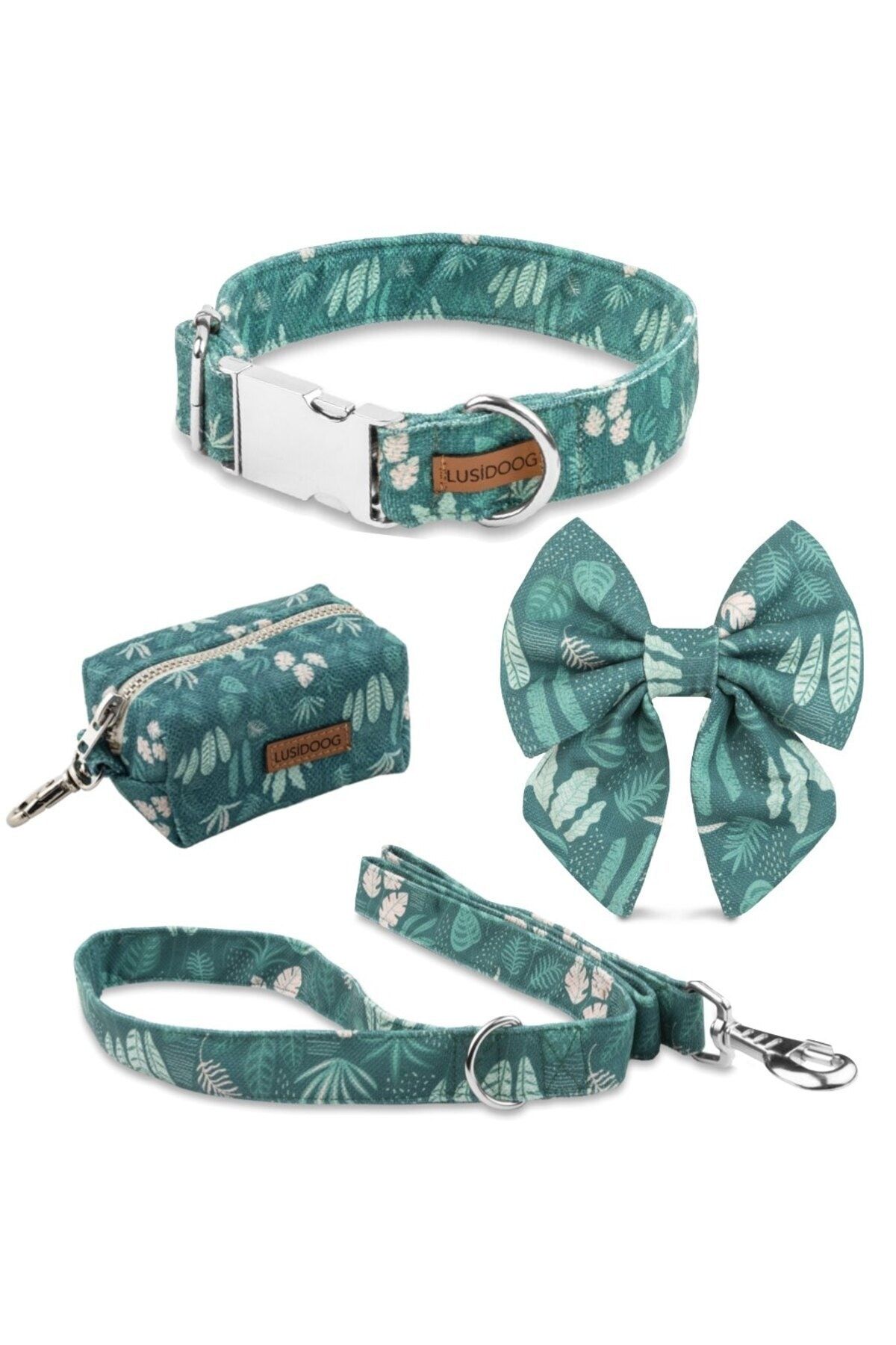 Lusi Doog Green Dog Collar Dog Poop Bag Bag Female Dog Bow Tie and