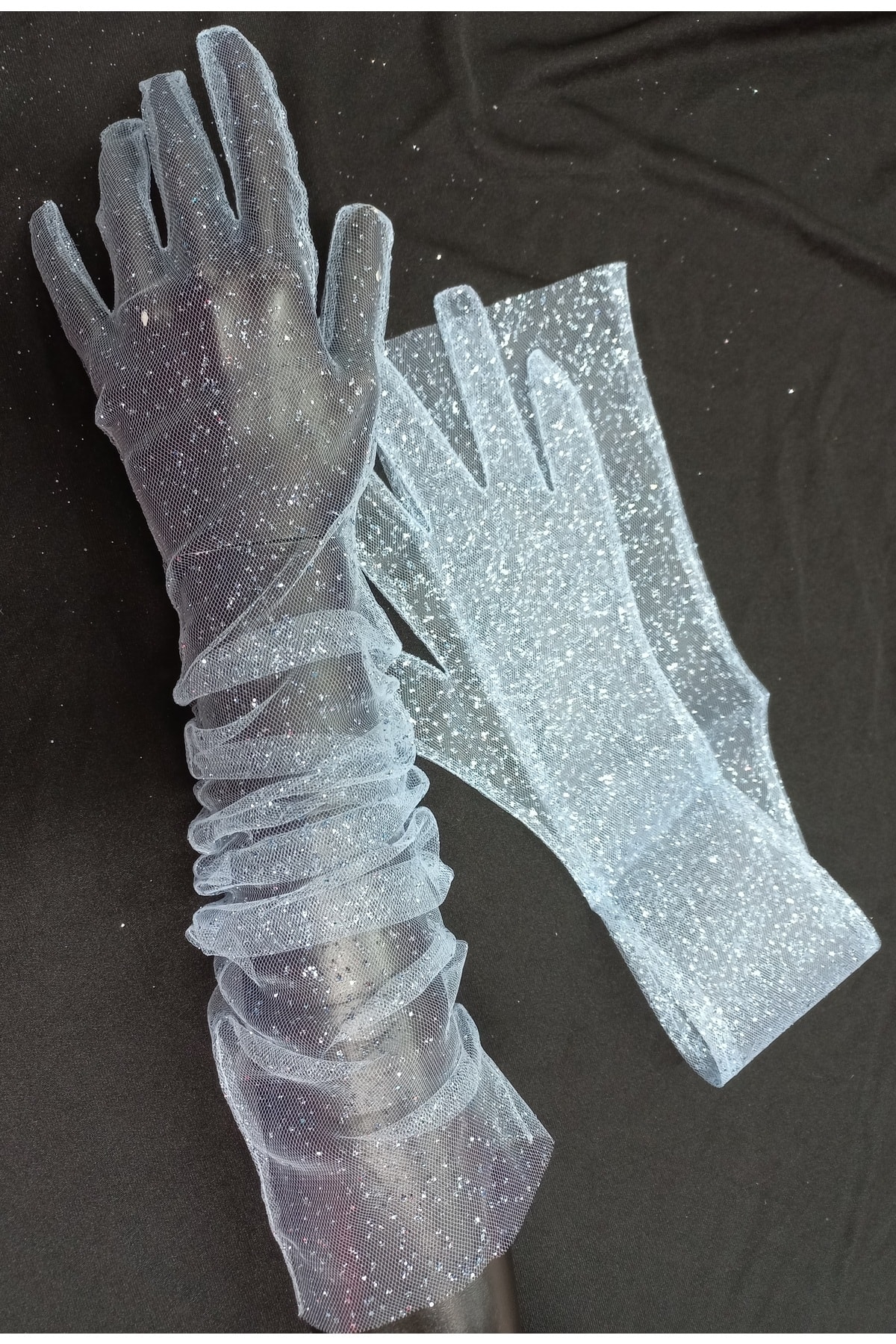 es moda shop  Diamond ışıltılı abiye gelin eldiveni uzun mavi - Görsel 3