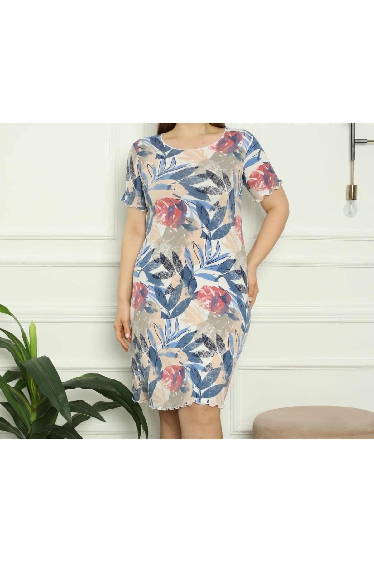Lagertha by İntensive-Patterned Short Sleeve Large Size Lycra Viscose Nightgown 3