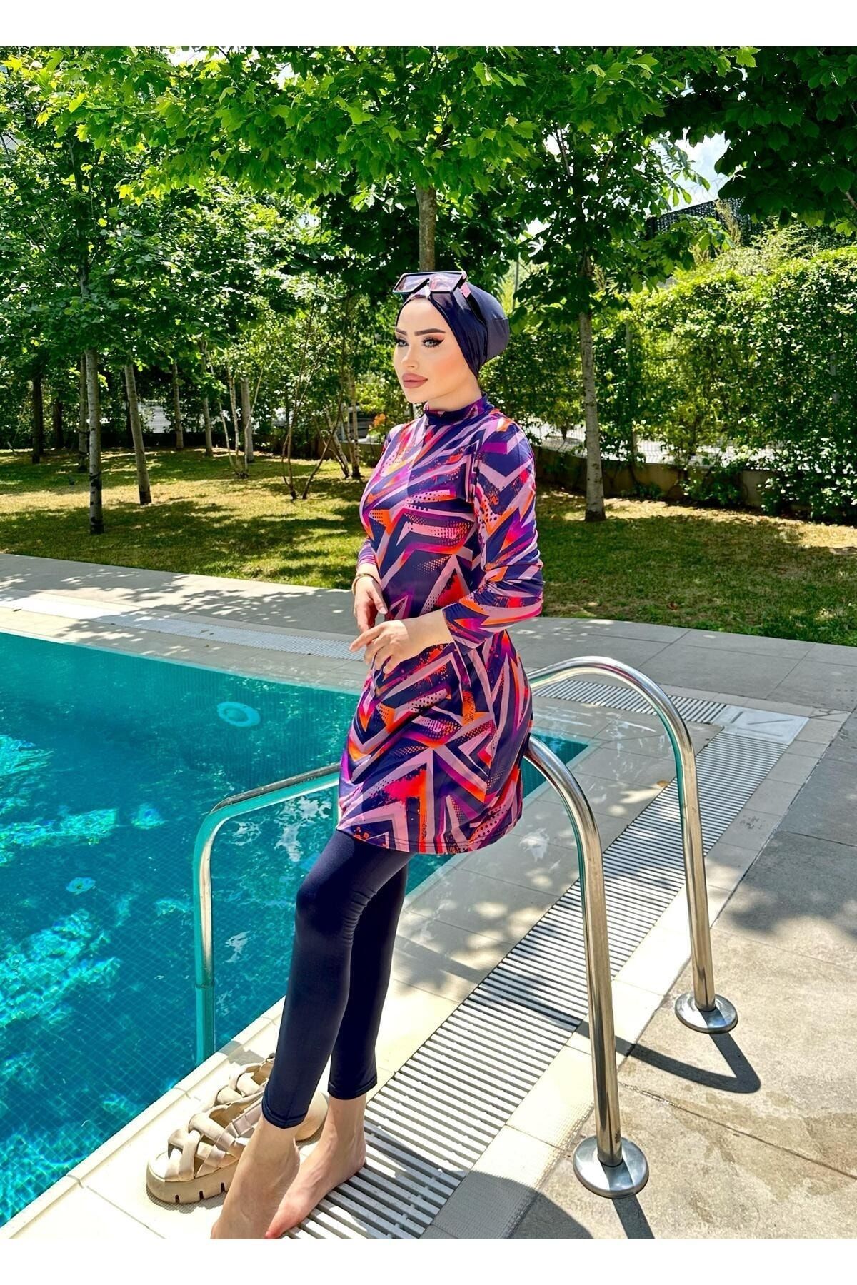 مایوی پوشیده آبی زنانه حجاب مجموعه الگوی اورجینال lurex moda