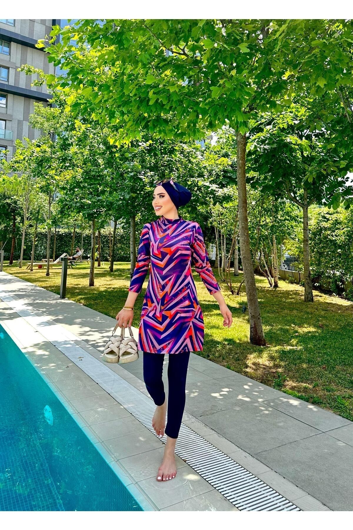 مایوی پوشیده آبی زنانه حجاب مجموعه الگوی اورجینال lurex moda