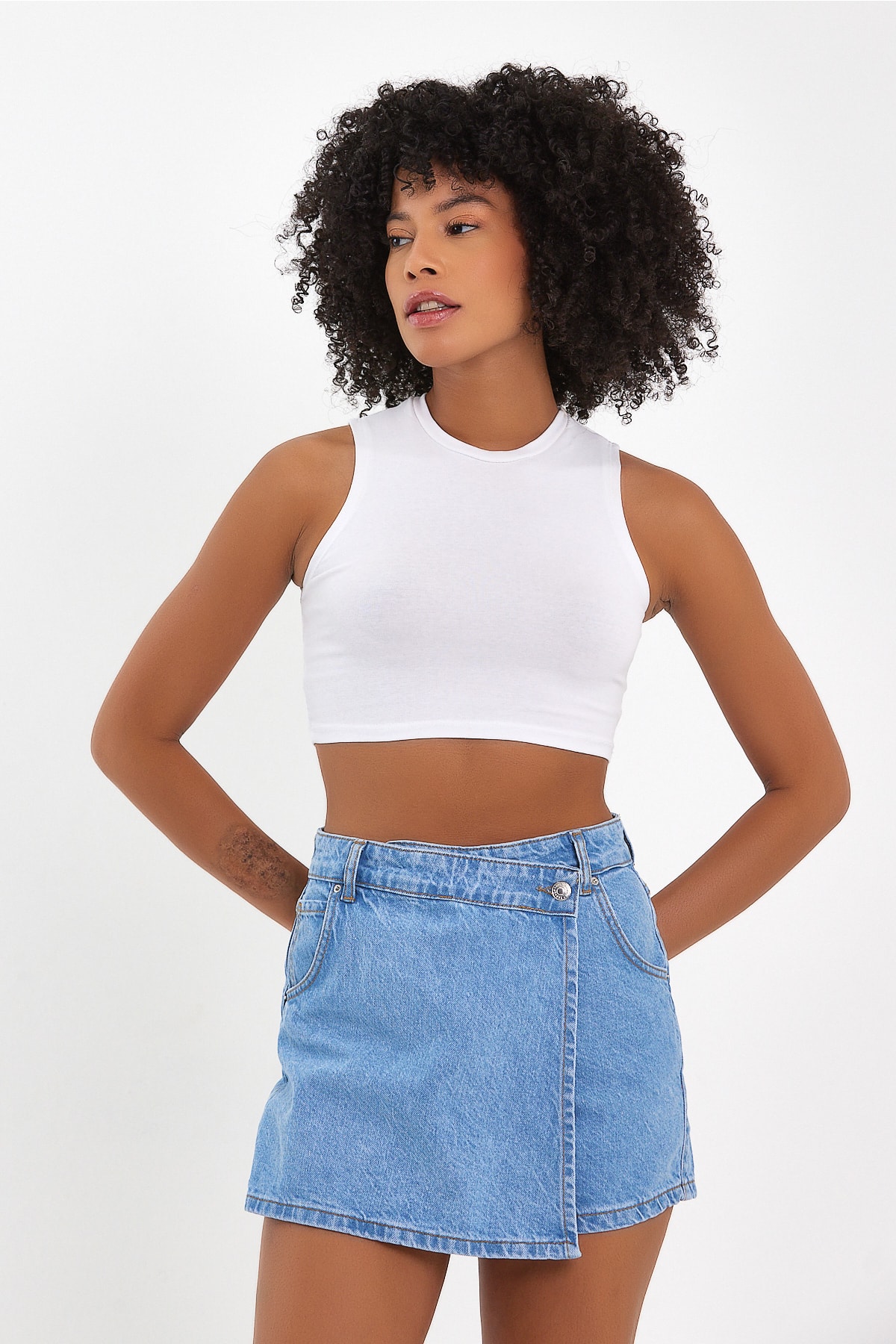 Önü Düğmeli Kot Şort Etek - Denim Mavi