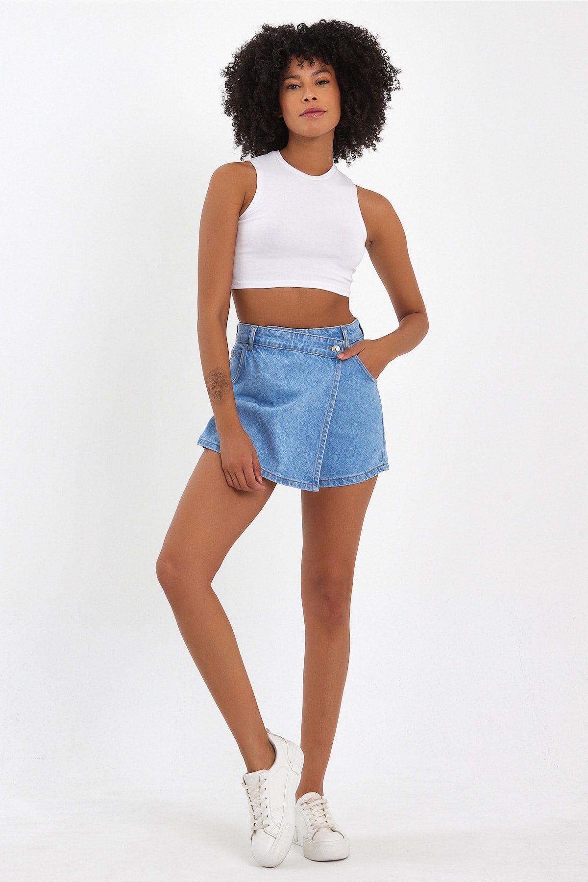 Önü Düğmeli Kot Şort Etek - Denim Mavi