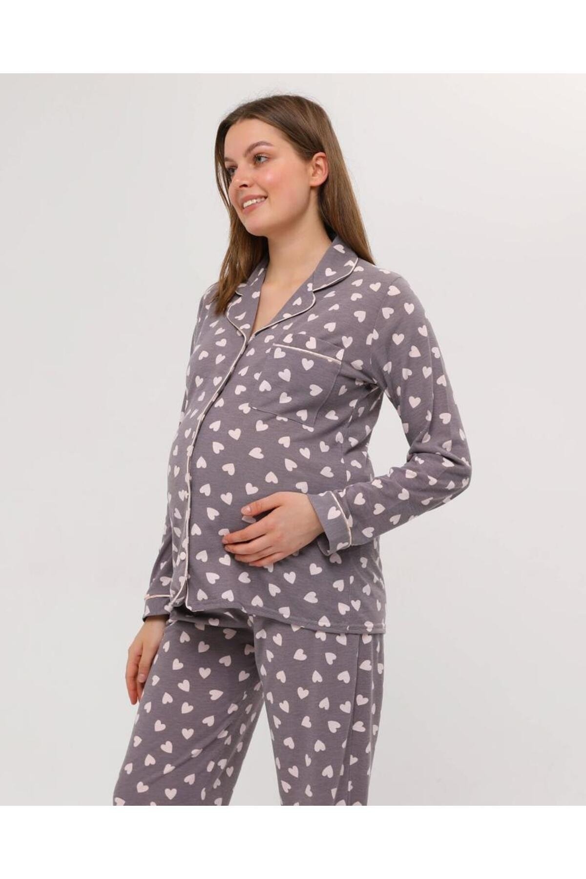 Nehir tekstil Önden Düğmeli Büyük Beden Penye Hamile Pijama Takımı