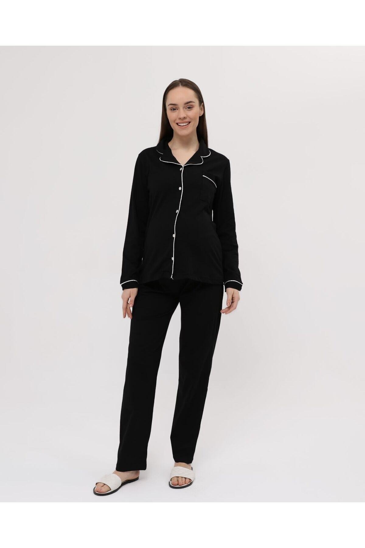 Nehir tekstil-Front Buttoned Plus Size Combed Cotton Maternity Pajama Set 6
