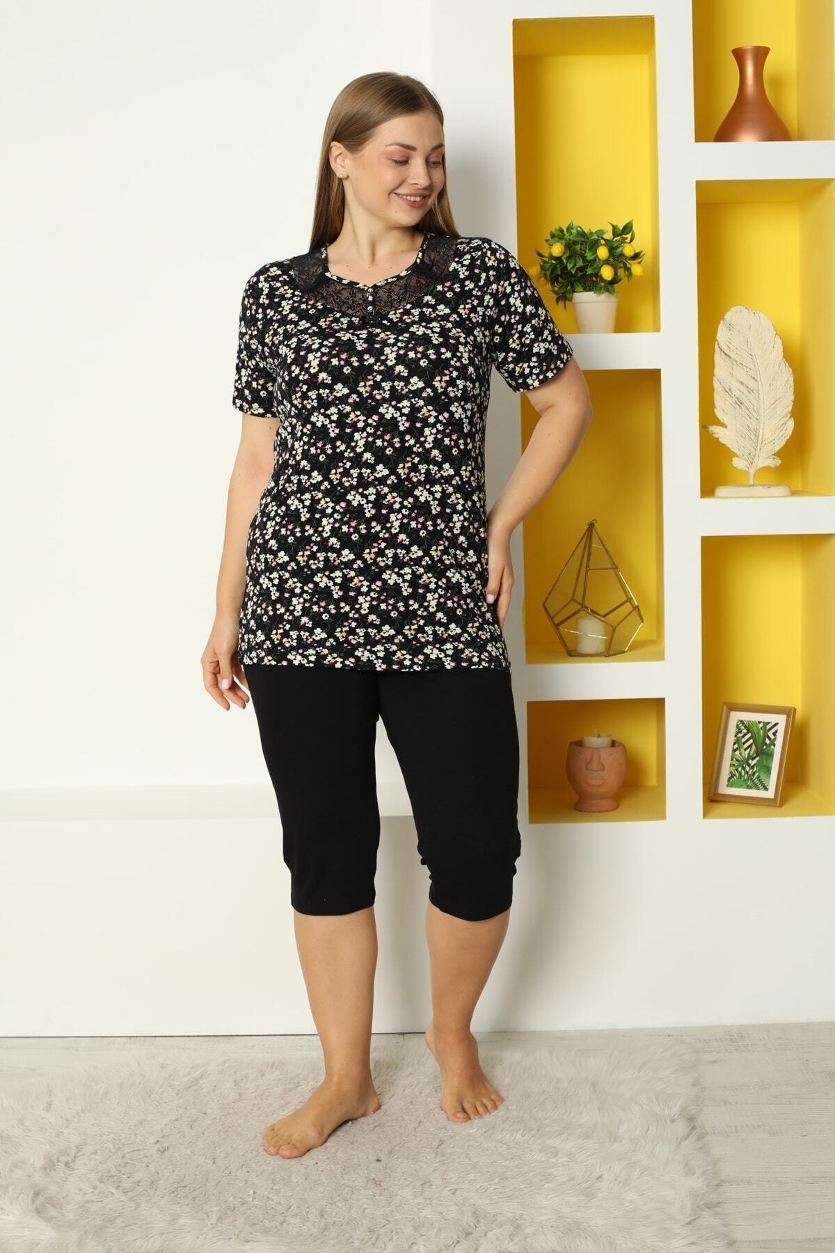Black Lycra Flexible Short Sleeve Lace Detailed Leggings Plus Size Bottom Top Set