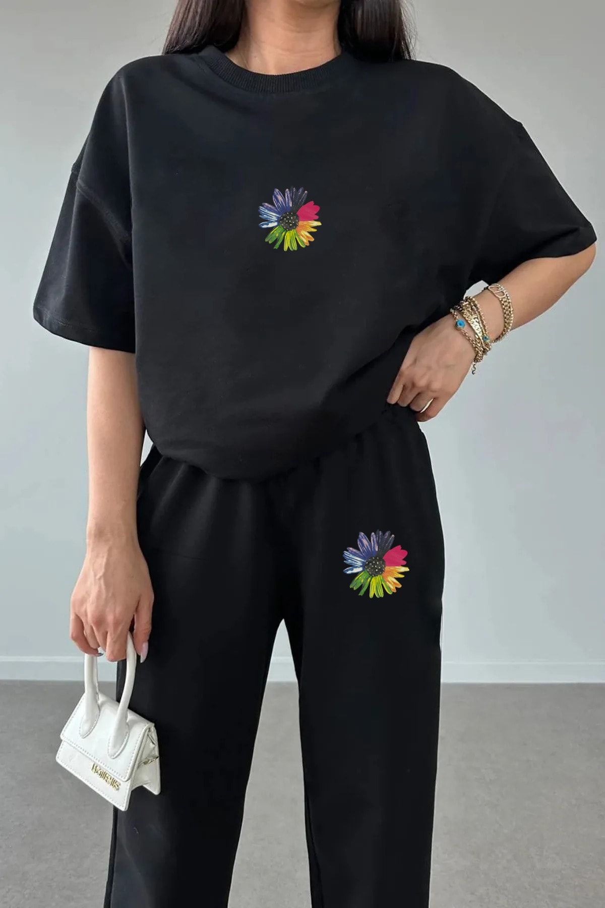 aynewmoda Colorful Floral Printed Tshirt tracksuit bottom top Set