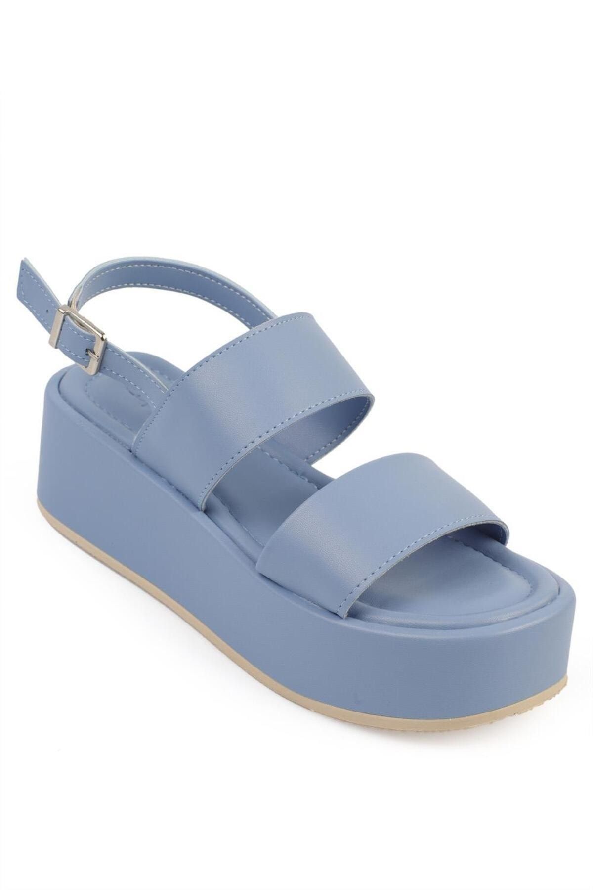 صندل آبی زنانه Capone ضخیم دو باند پرکننده شلوار جین Flatform Sandals Capone Outfitters