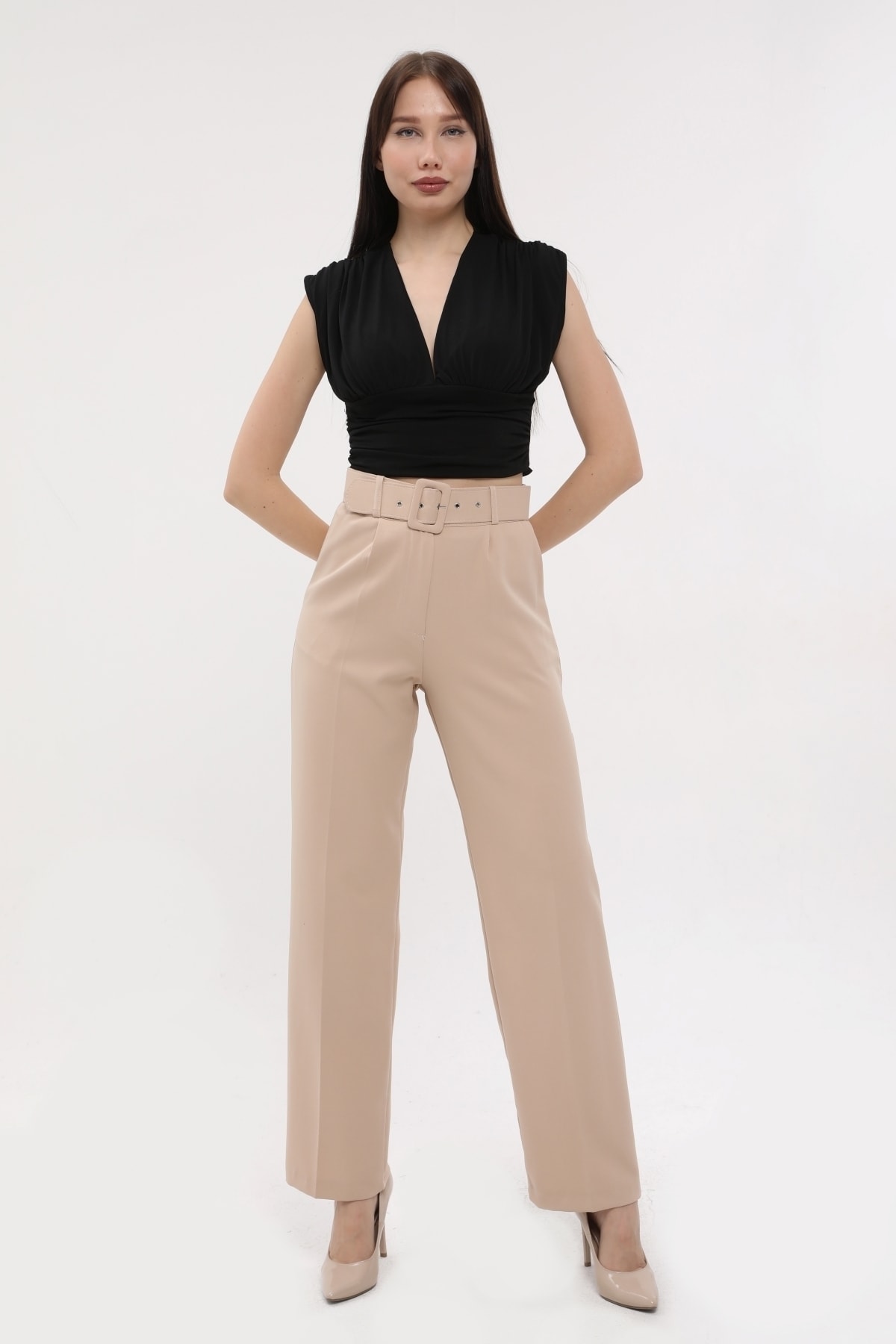 Women's Beige High Waist Pocket Belted Wide Leg Palazzo Atlas Woven Fabric Pants