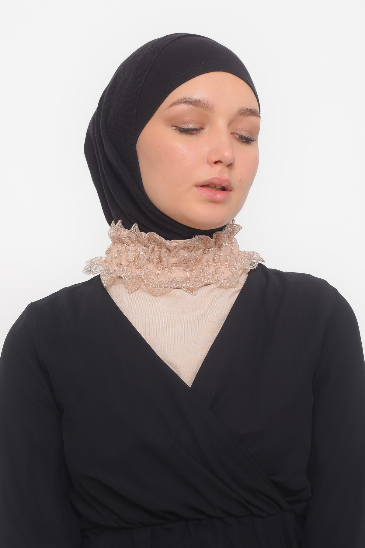 Altobeh-dantelă pentru damă, cu volane, din cauciuc, cu guler cu gât înalt, hijab, pentru gât - pudră 2