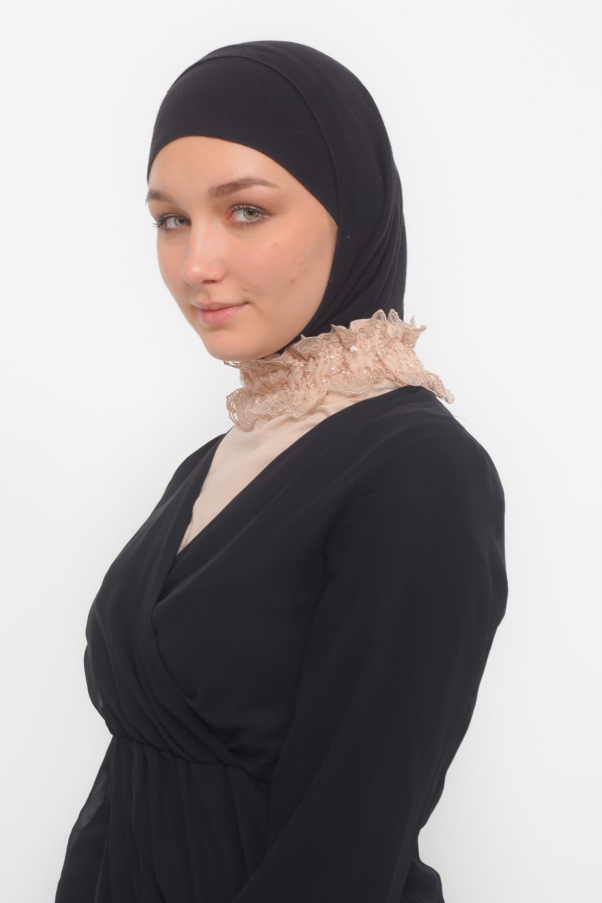 Altobeh-dantelă pentru damă, cu volane, din cauciuc, cu guler cu gât înalt, hijab, pentru gât - pudră 3
