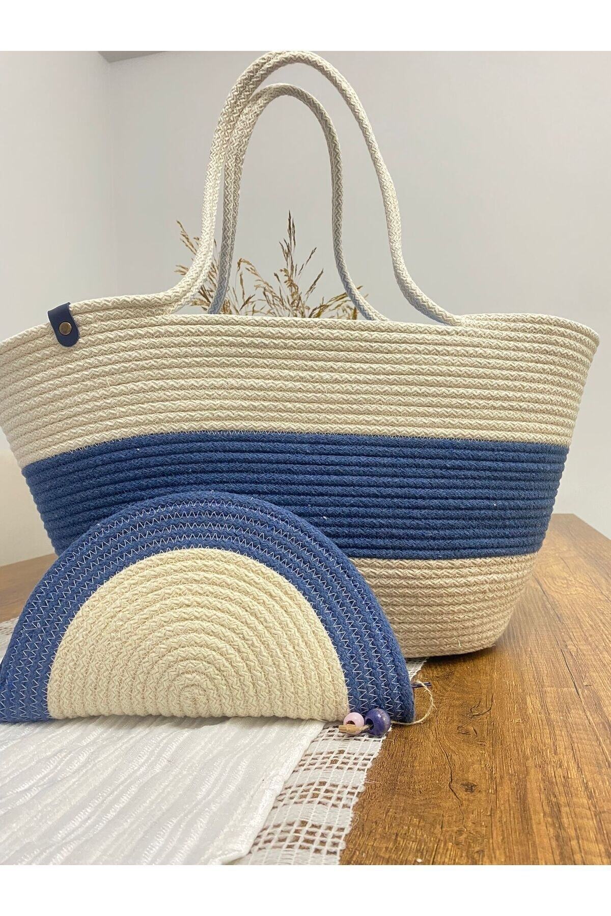 EDOŞ HOME-Macrame Special Stitched Jute Thread Cotton - Inner Lined Beach Daily Use Bag and Wallet Set 2