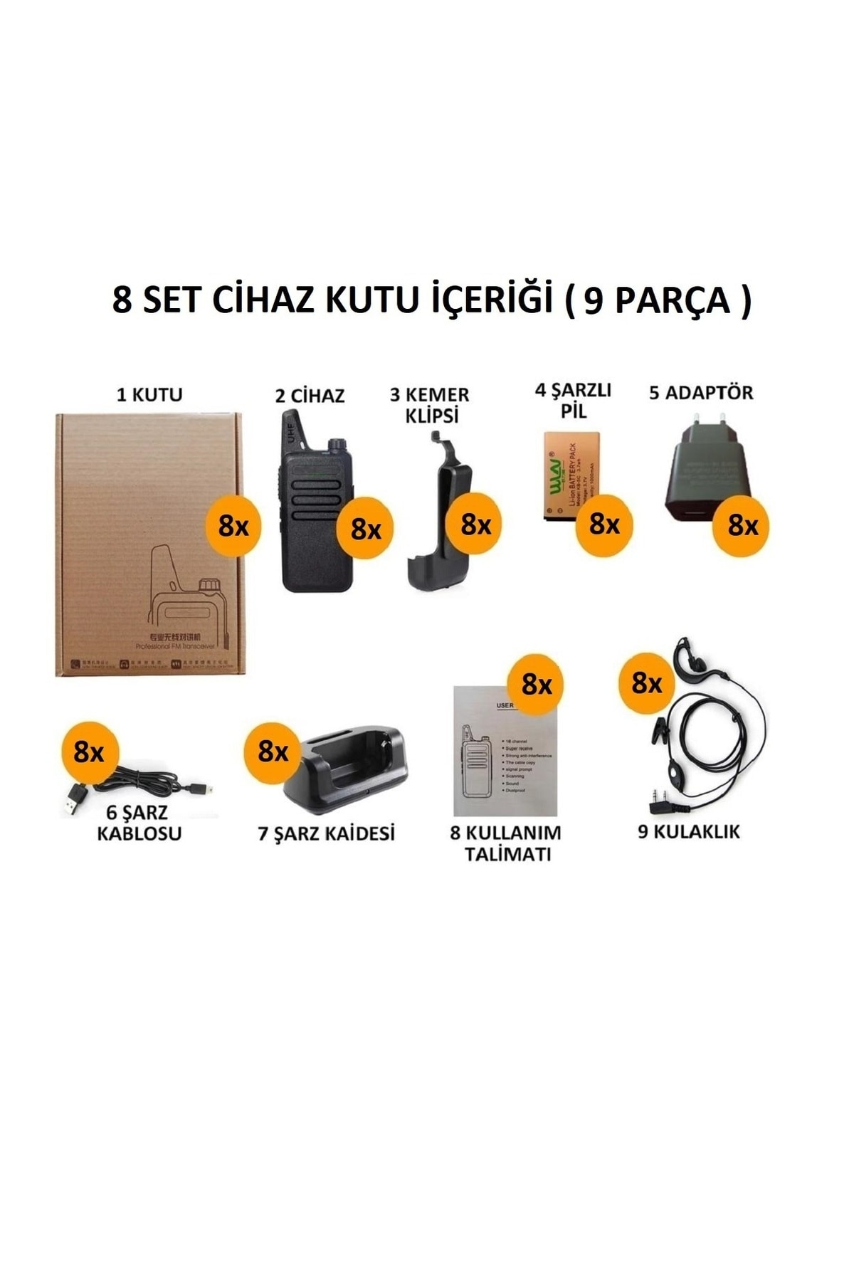 8'li Pmr 446 Türkçe Konuşan El Telsizi Wln Kulaklık Hediyeli Telsiz Tam Takım 9 Parça Set 7