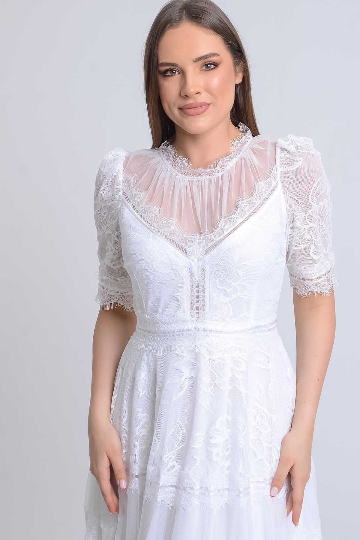 SpringStore-White Short Sleeve Lace Evening Dress 4