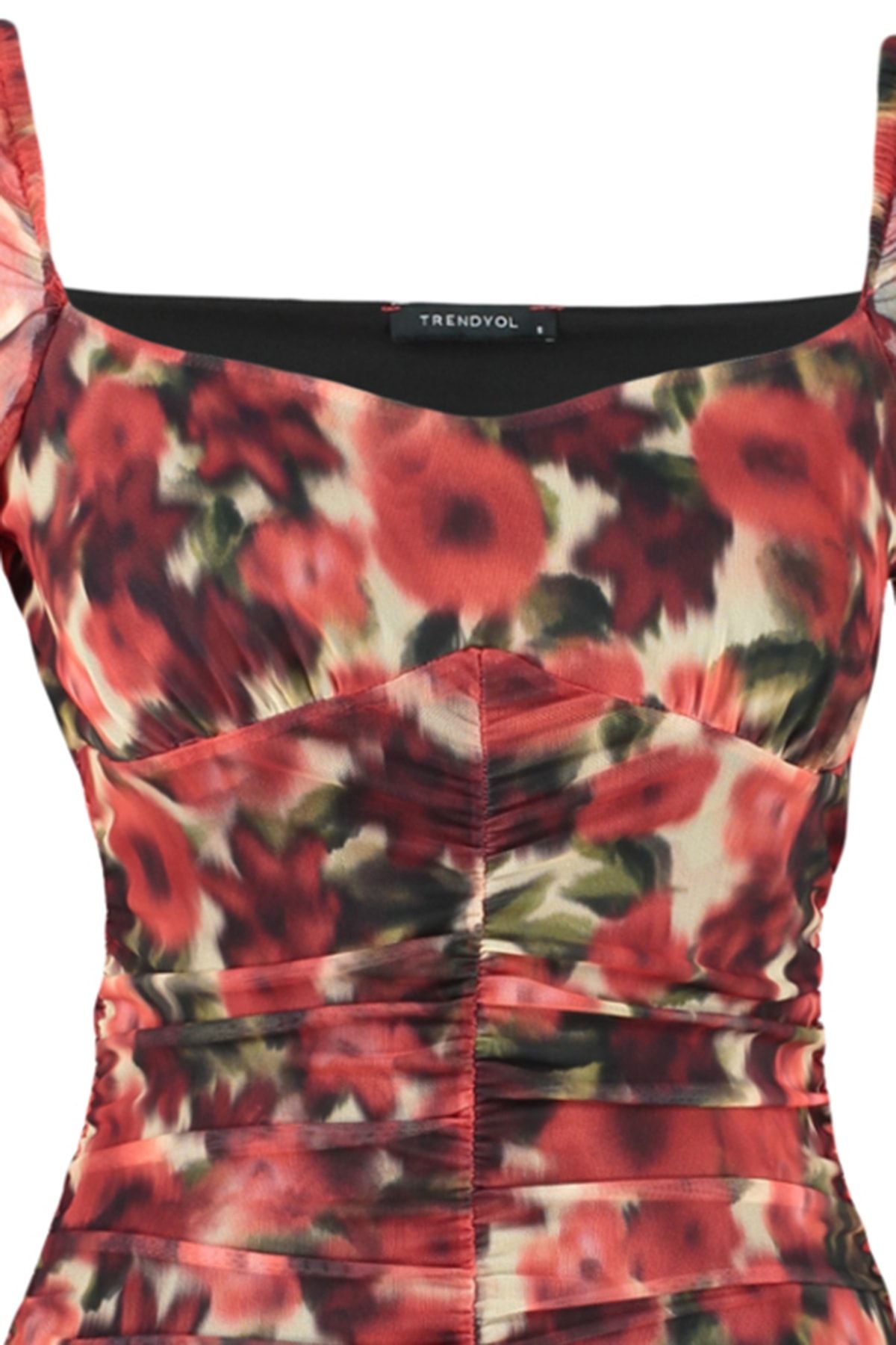 Trendyol Collection-Rotes, bedrucktes Tüll-Sweatshirt-Ausschnitt, figurbetontes, langärmliges, dehnbares Mini-Strickkleid TWOAW24EL00219 7