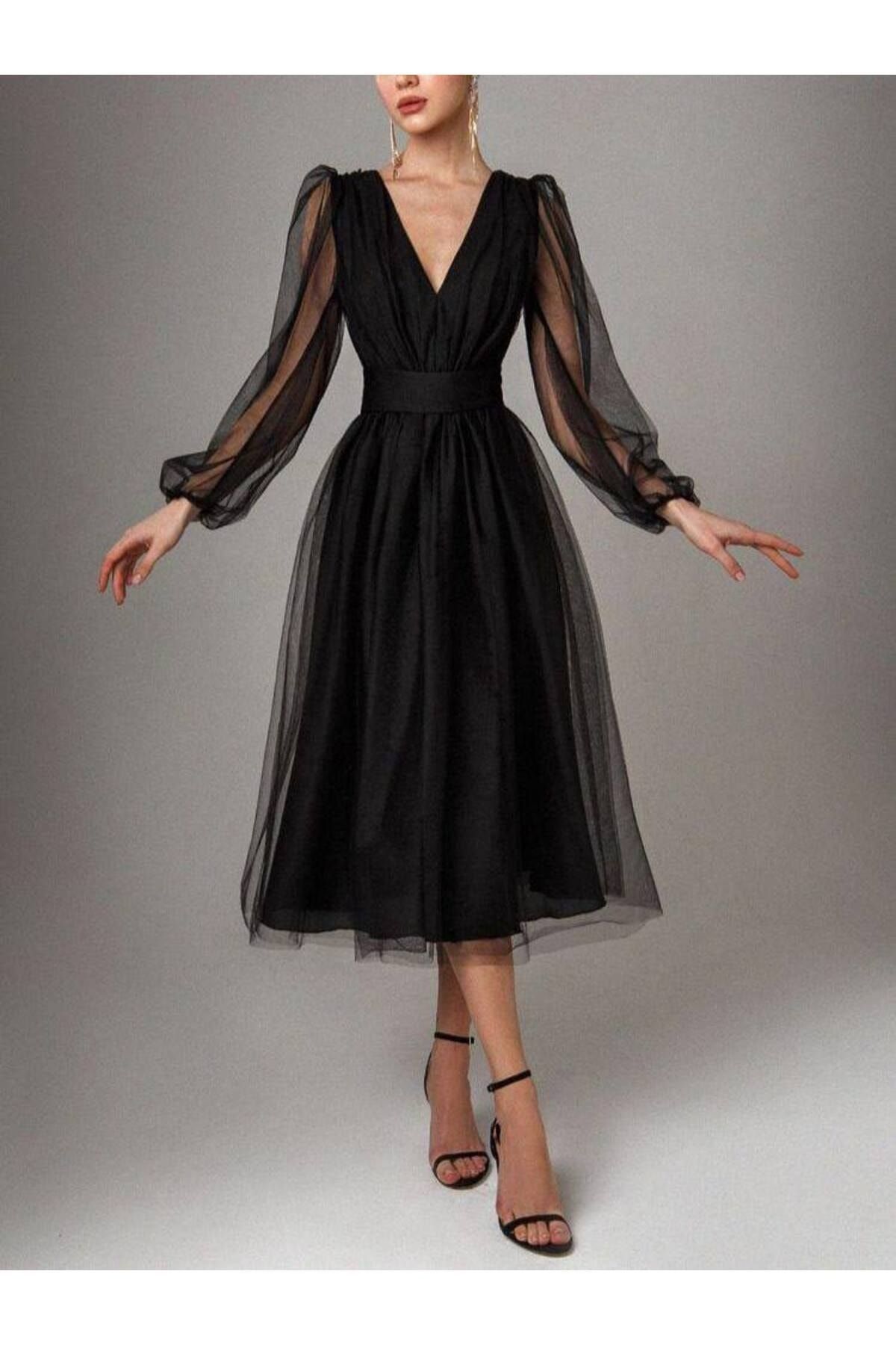 merlavin-Rochie de damă neagră, căptușită din tul (NEGRU) 1