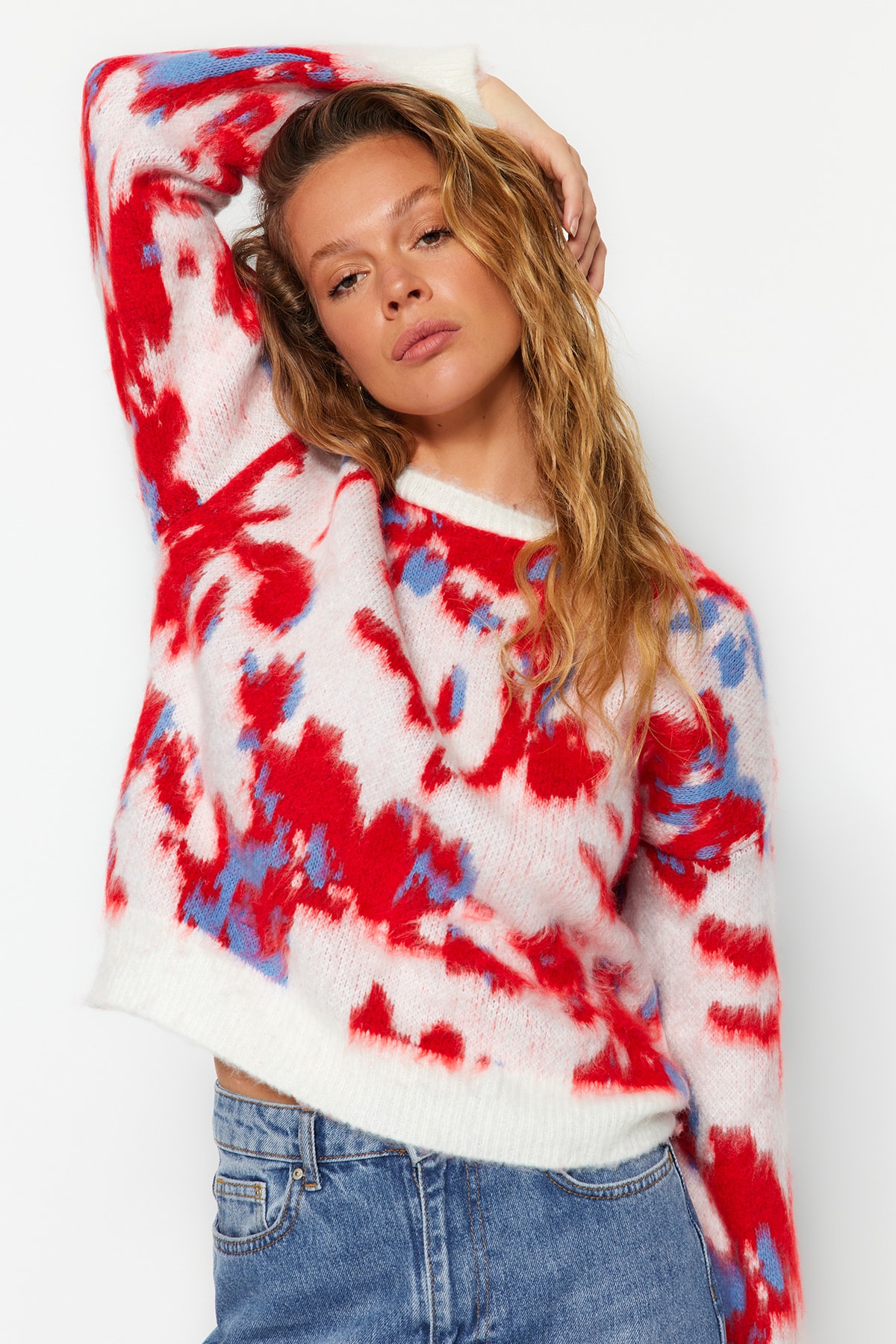 Trendyolmilla  Ekru Yumuşak Dokulu Bisiklet Yaka Desenli Triko Kazak TWOAW24KZ00214 - Görsel 3