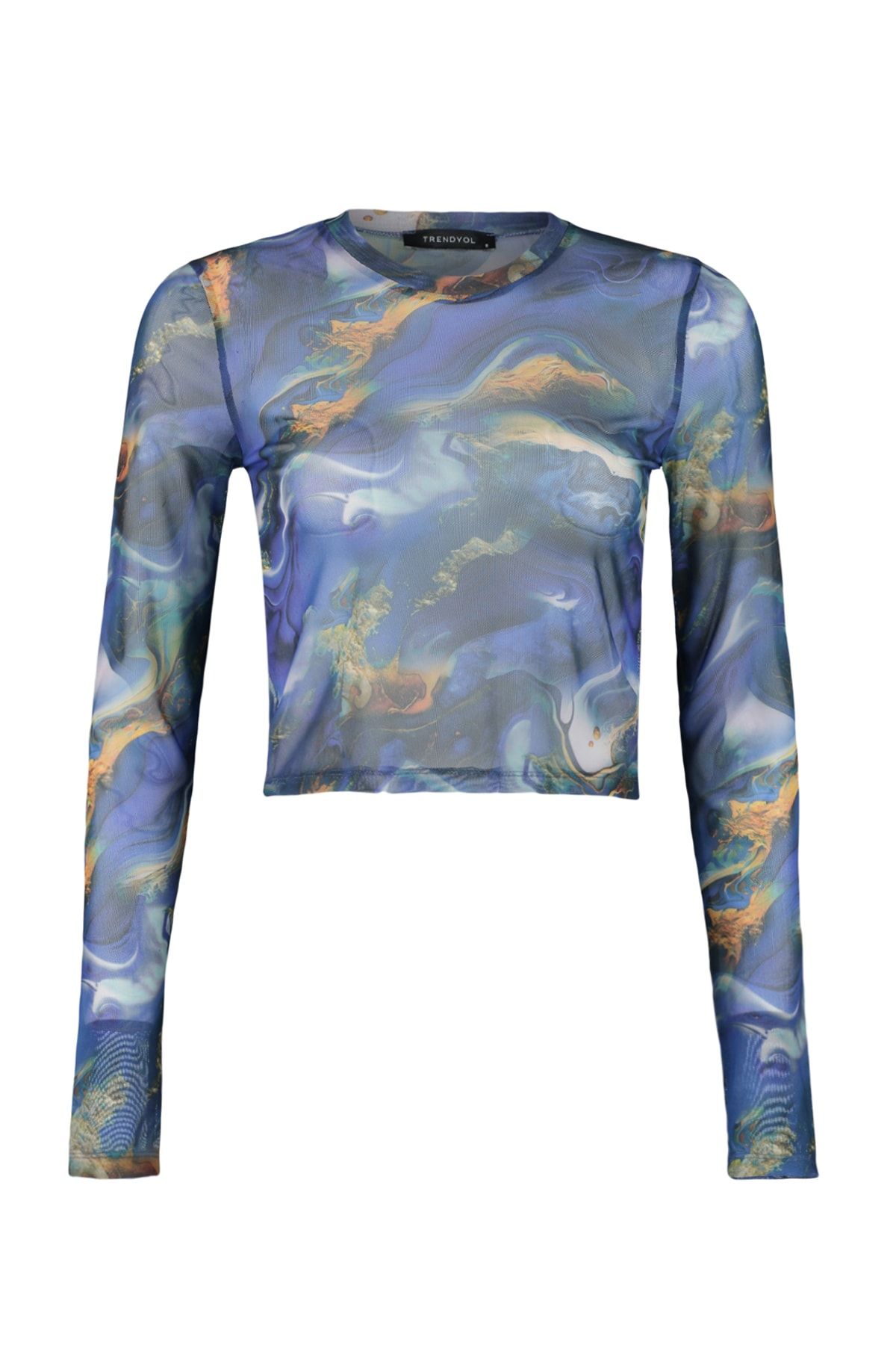 Trendyol Collection-Multicolor Printed Tulle Fitted Crop Stretchy Knitted Blouse TWOAW24BZ00030 6