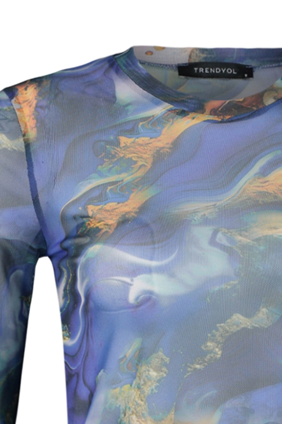 Trendyol Collection-Multicolor Printed Tulle Fitted Crop Stretchy Knitted Blouse TWOAW24BZ00030 7