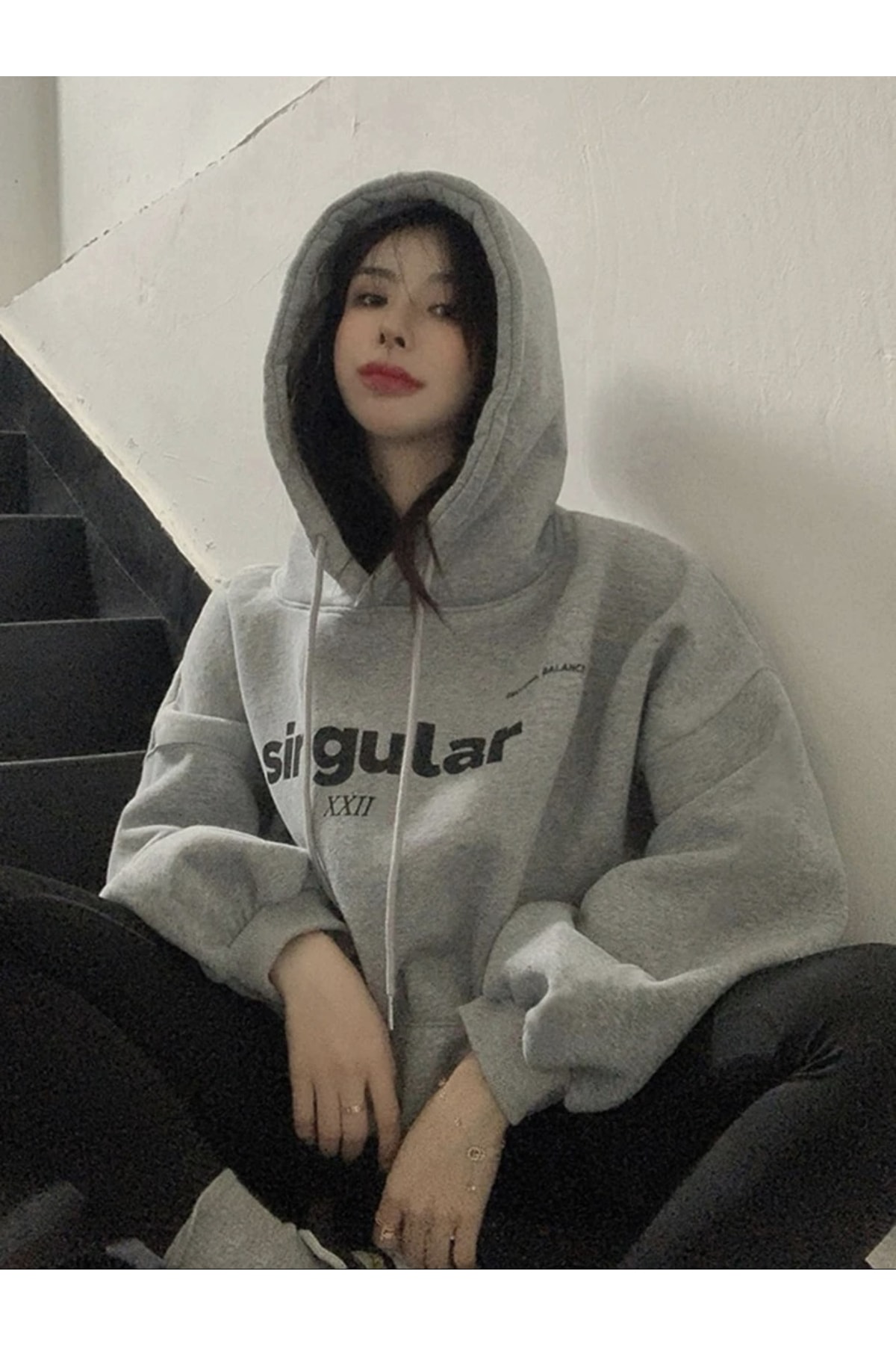 MOONBULL Ünisex Singular XXL baskılı kapüşonlu oversize sweatshirt görsel 2