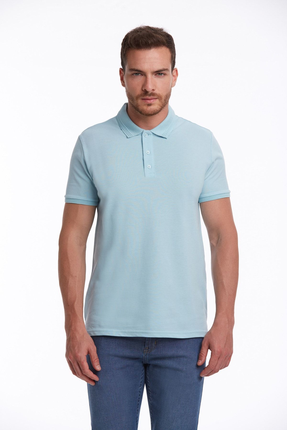 Hatemoğlu-Tricou pentru bărbați, albastru, cu croială normală, uni, 100% bumbac, cu guler polo 3