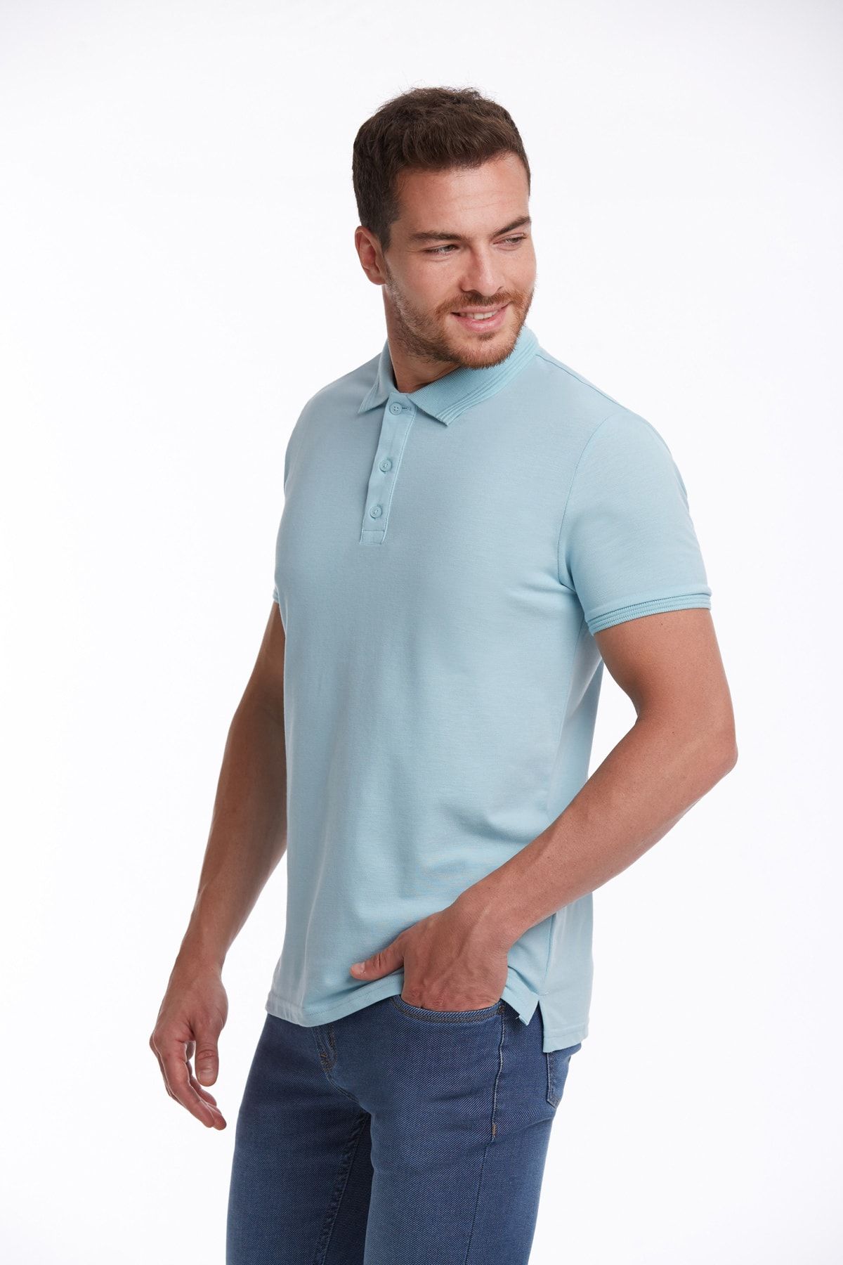 Hatemoğlu-Tricou pentru bărbați, albastru, cu croială normală, uni, 100% bumbac, cu guler polo 5