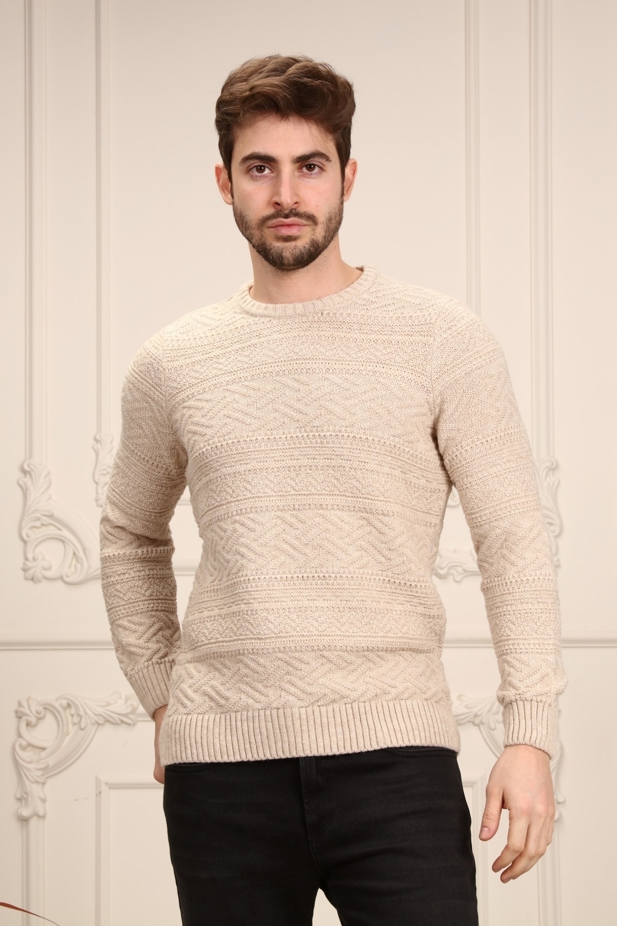 RTD&VLD Rtd & Vld Erkek Bisiklet Yaka Desenli Bej Triko Kazak Fiyatı