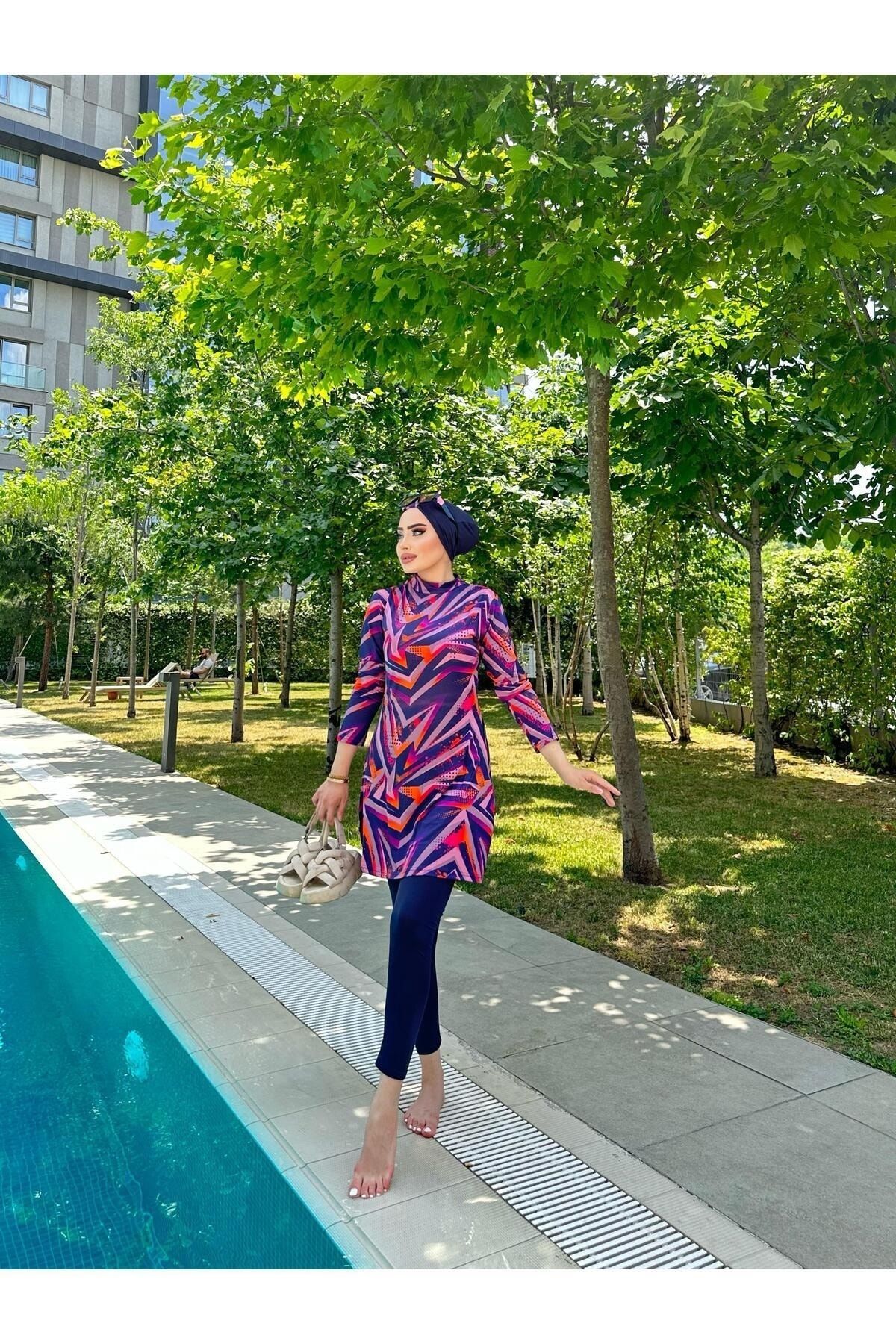 مایوی پوشیده آبی زنانه حجاب مجموعه الگوی اورجینال lurex moda