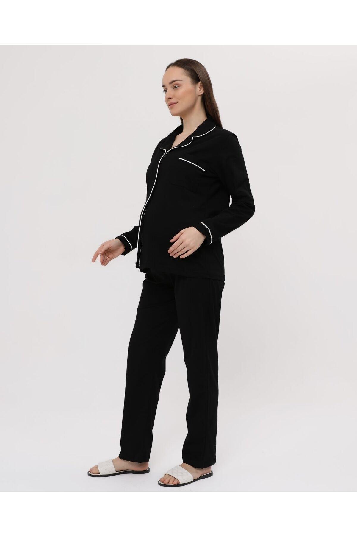 Nehir tekstil-Front Buttoned Plus Size Combed Cotton Maternity Pajama Set 4