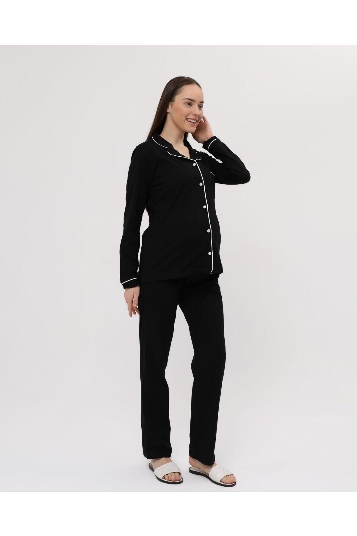 Nehir tekstil-Front Buttoned Plus Size Combed Cotton Maternity Pajama Set 5