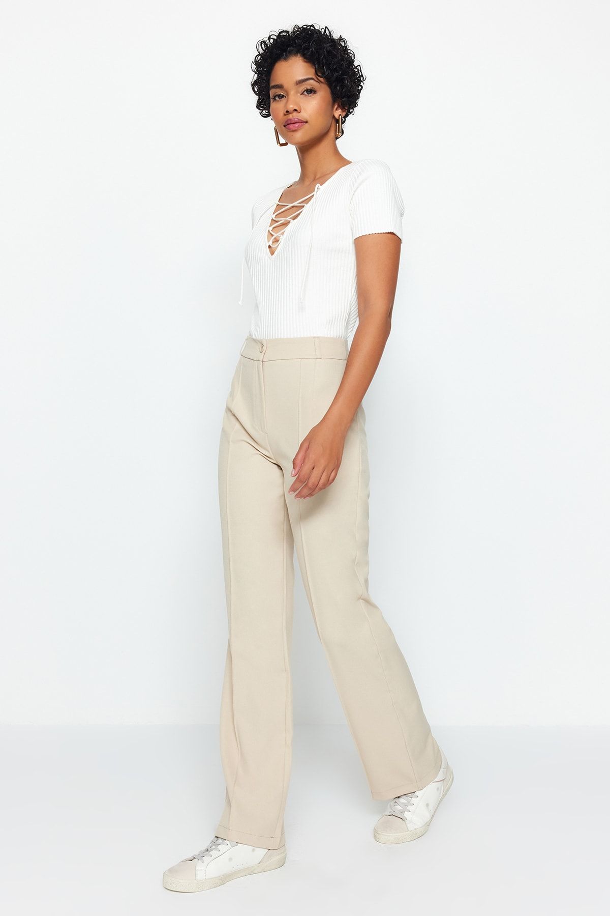 Trendyol Collection-Nerzfarbene, gerade geschnittene, gerippte, gewebte Hose mit hoher Taille TWOSS21PL0093 13
