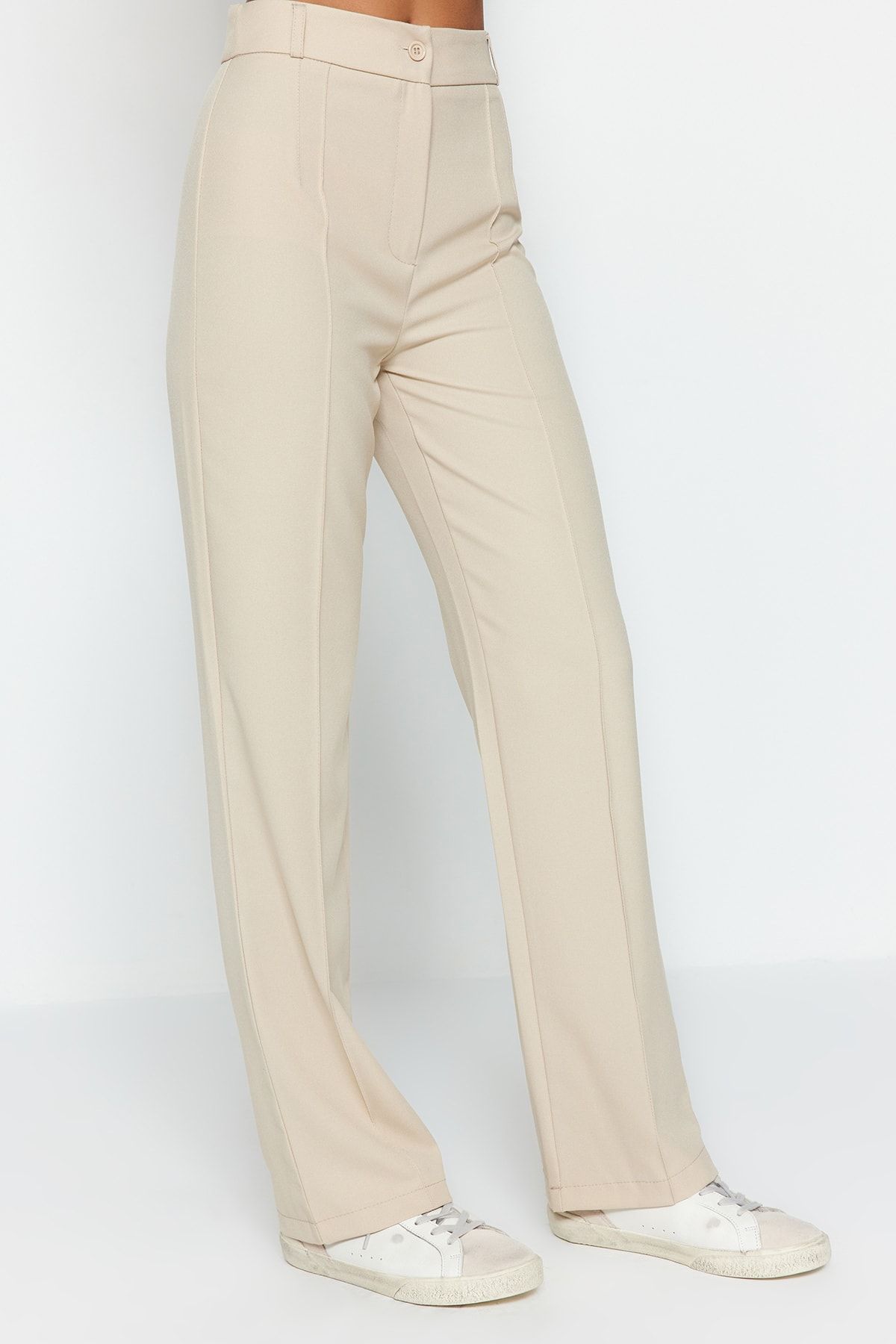 Trendyol Collection-Nerzfarbene, gerade geschnittene, gerippte, gewebte Hose mit hoher Taille TWOSS21PL0093 14