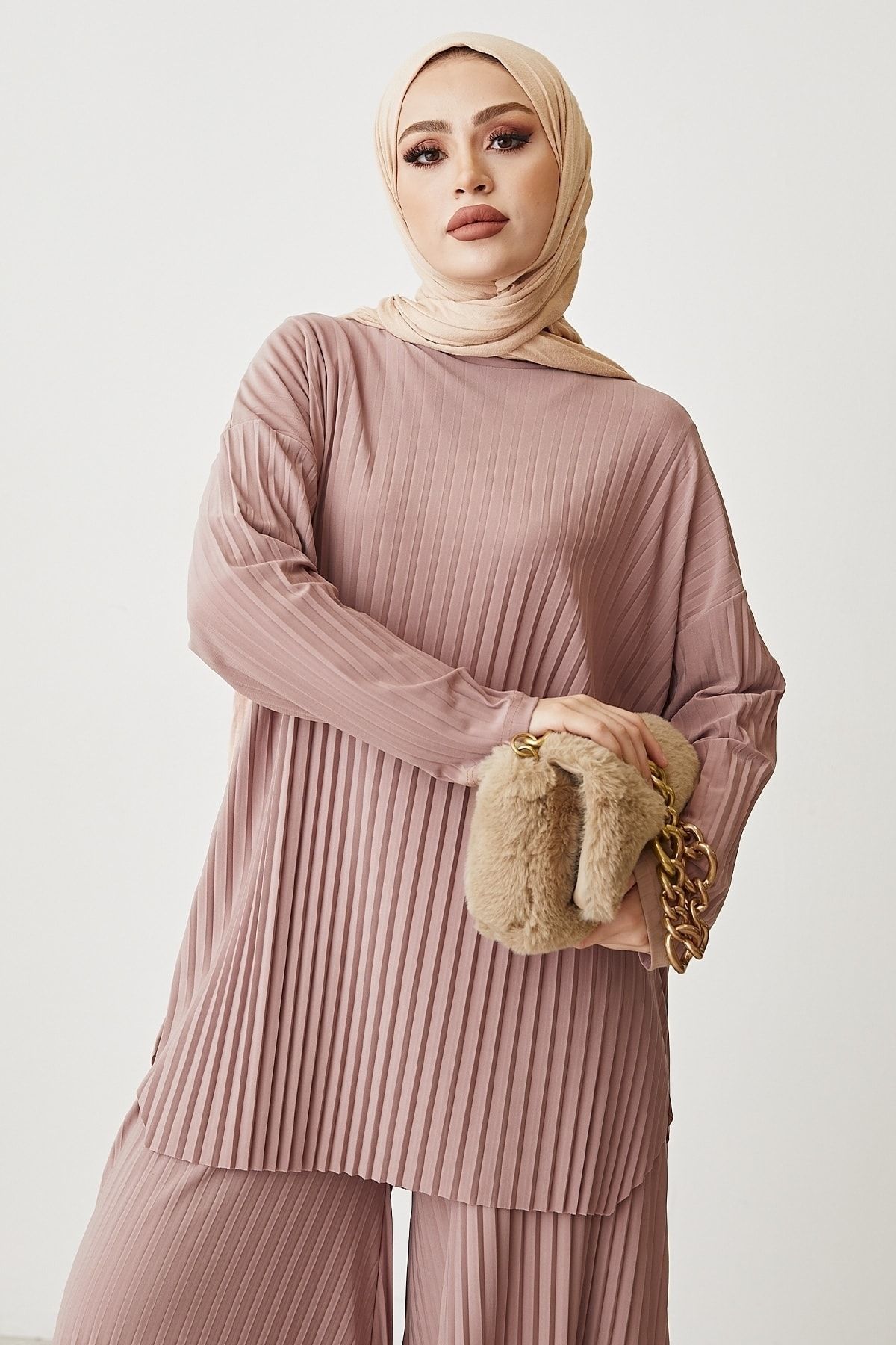 InStyle-Mila hajtogatott nadrág tunika dupla szett - sötét bézs 2