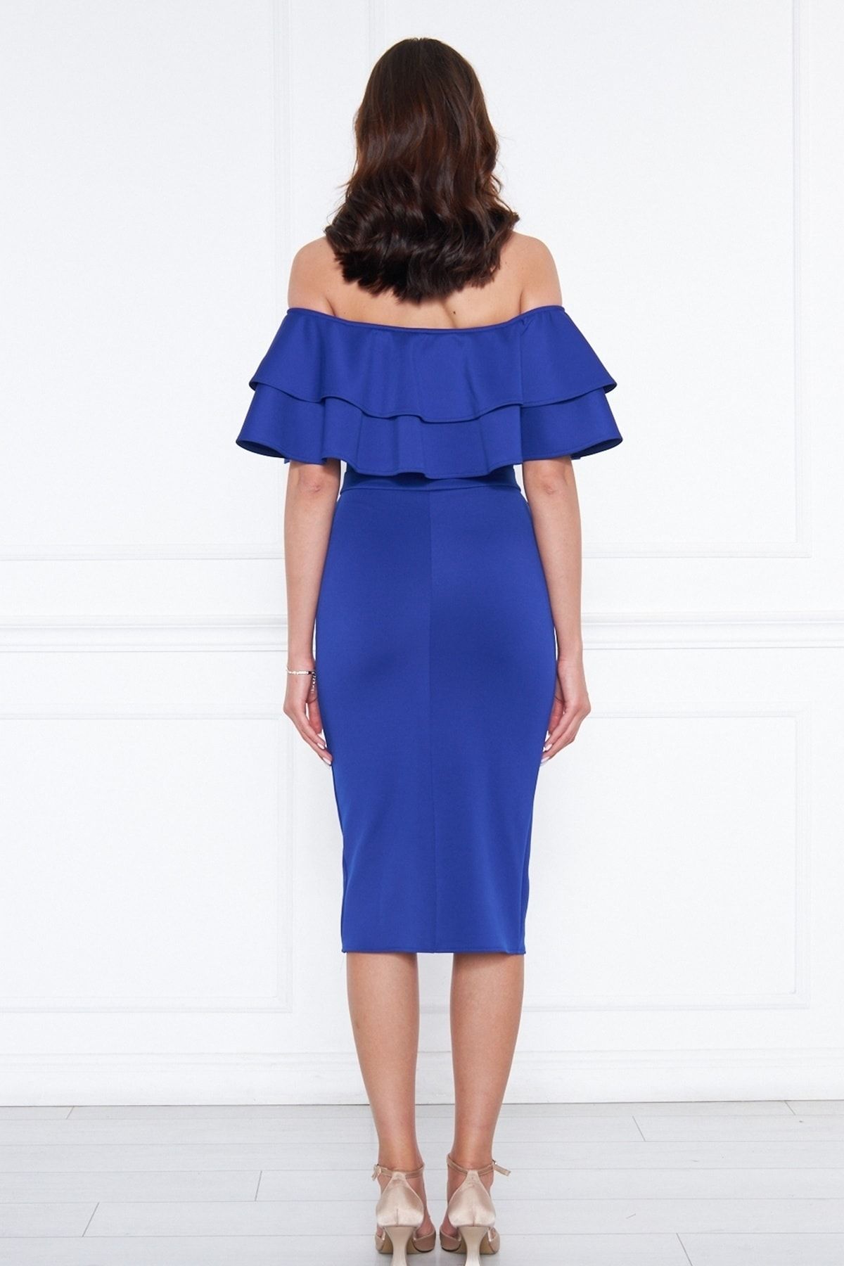 lovebox-Saks Blue Flexibilní potápěčská tkanina Midi Pencil Dress with Flounce Detailní Design límečku 164 3