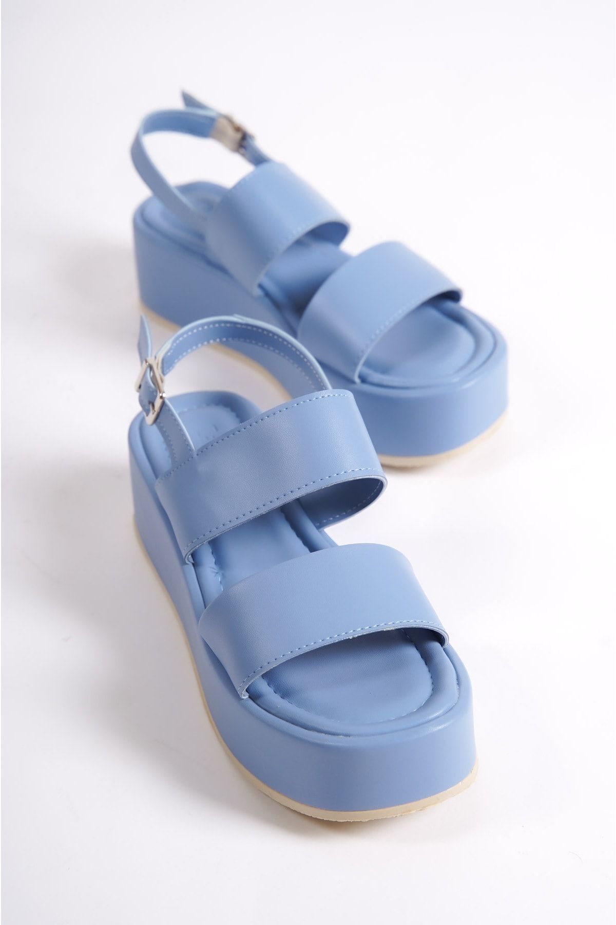 صندل آبی زنانه Capone ضخیم دو باند پرکننده شلوار جین Flatform Sandals Capone Outfitters